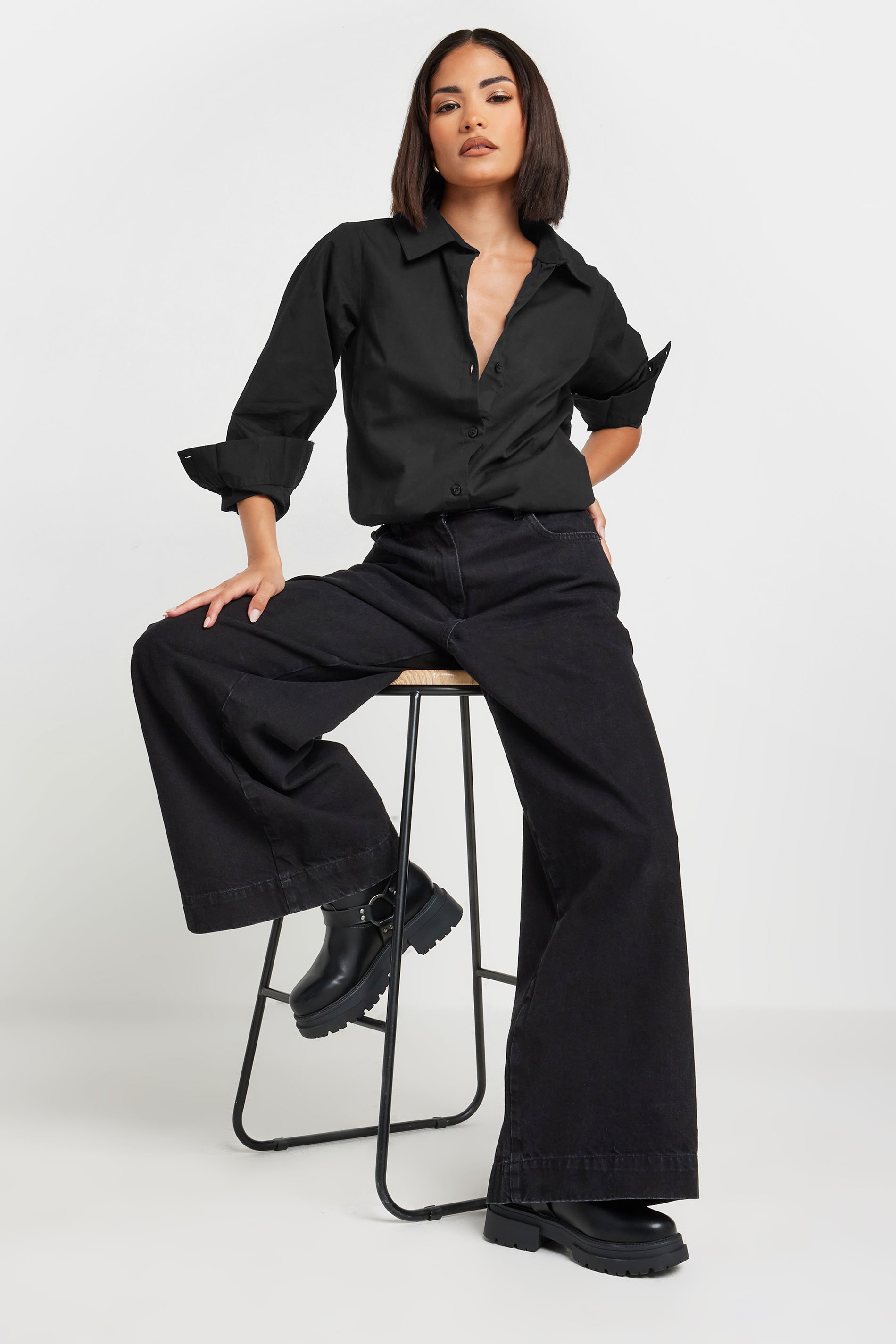 Petite Black Fitted Cotton Shirt | PixieGirl 1