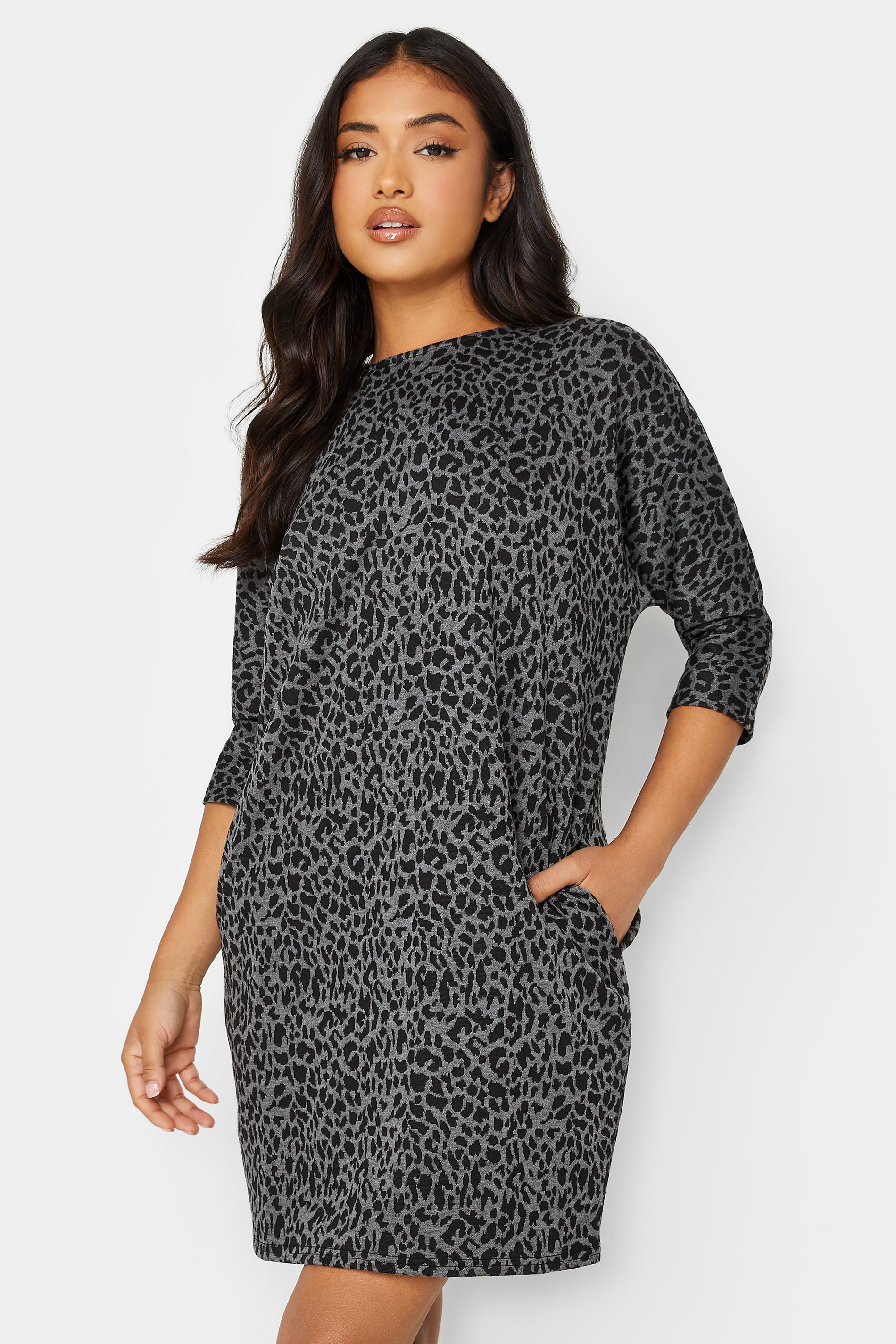 Petite Grey & Black Leopard Print Tunic Dress | PixieGirl  1