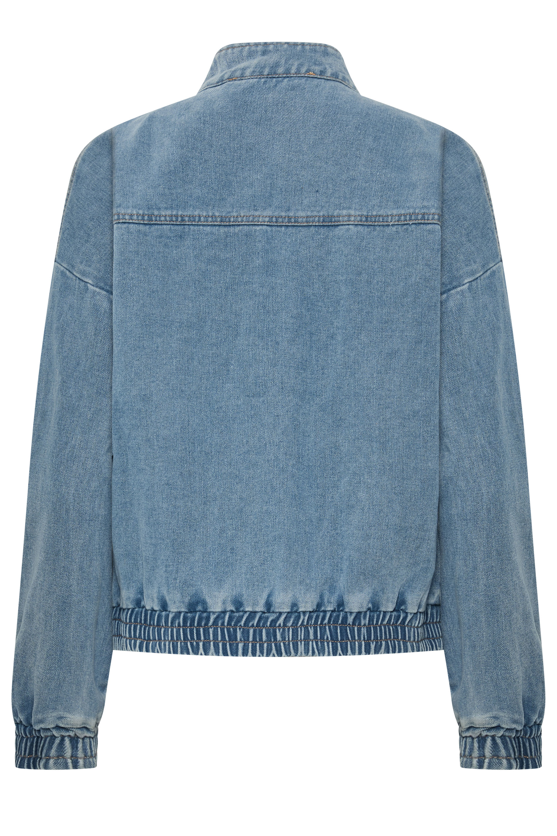 PixieGirl Petite Women's Mid Blue Funnel Neck Denim Trucker Jacket | PixieGirl 6