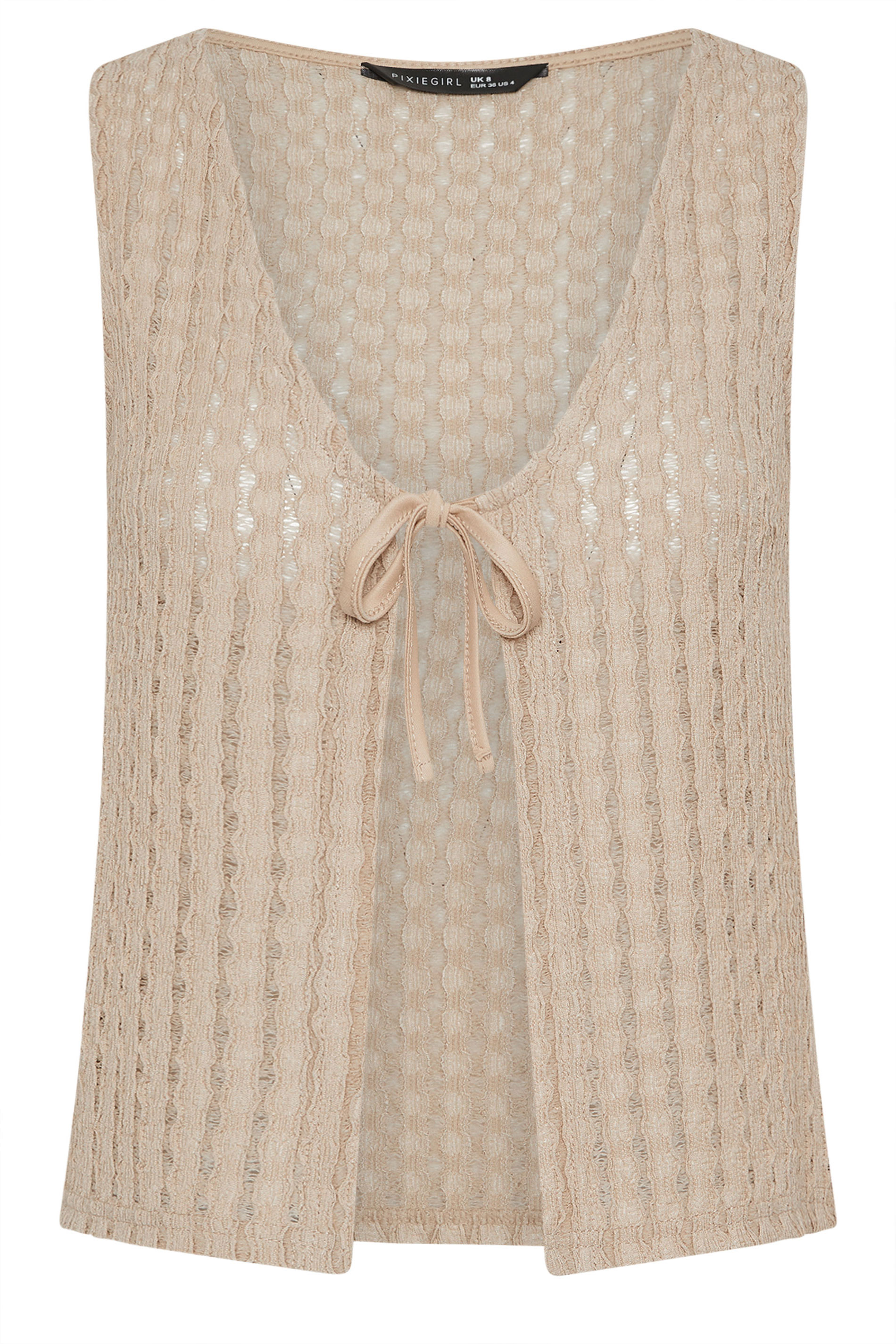 PixieGirl Petite Women's Natural Brown Tie Front Crochet Top | PixieGirl 5