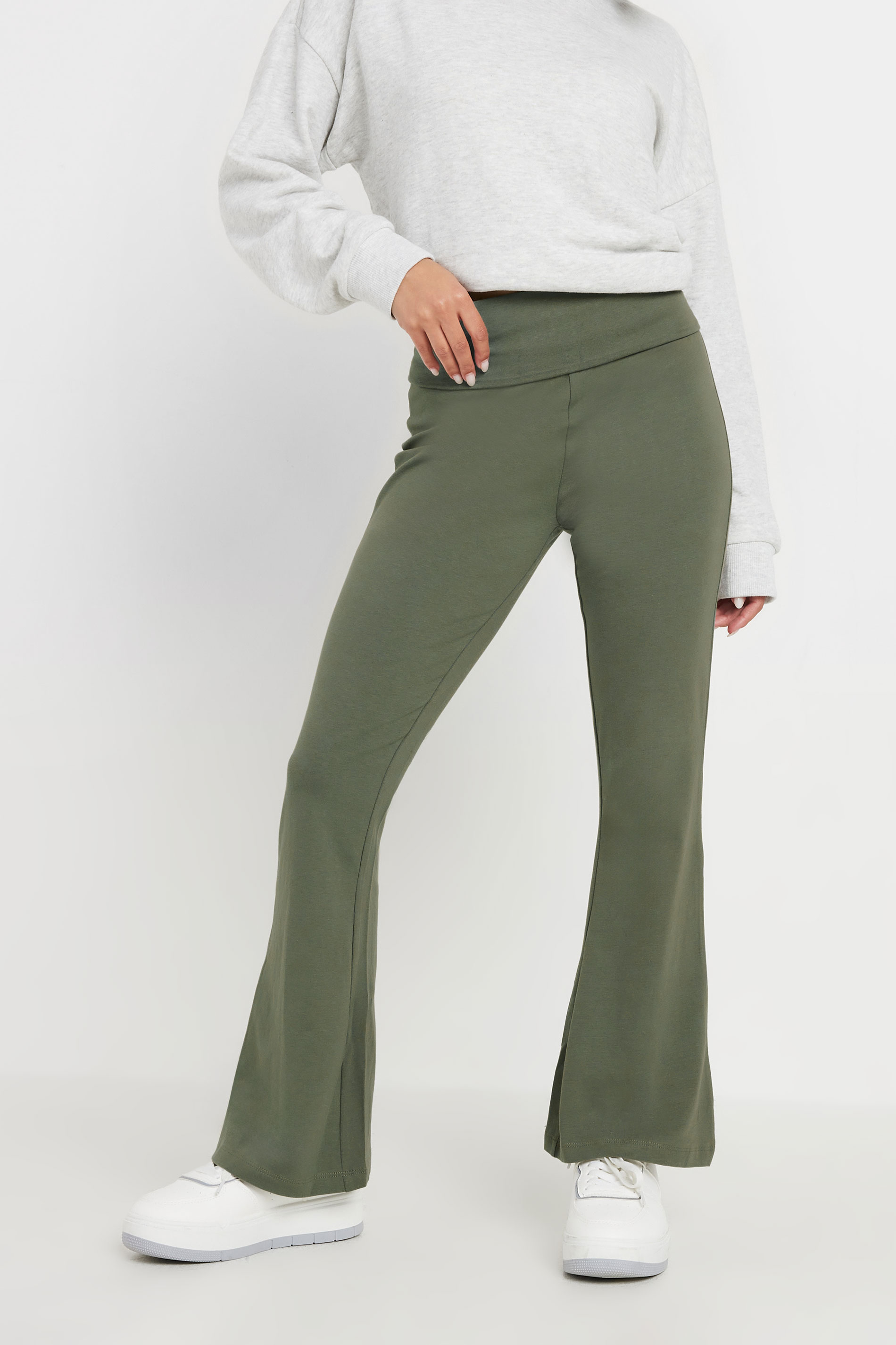 PixieGirl Petite Womens Khaki Green Fold Over Waist Flared Leggings | Pixie Girl 2