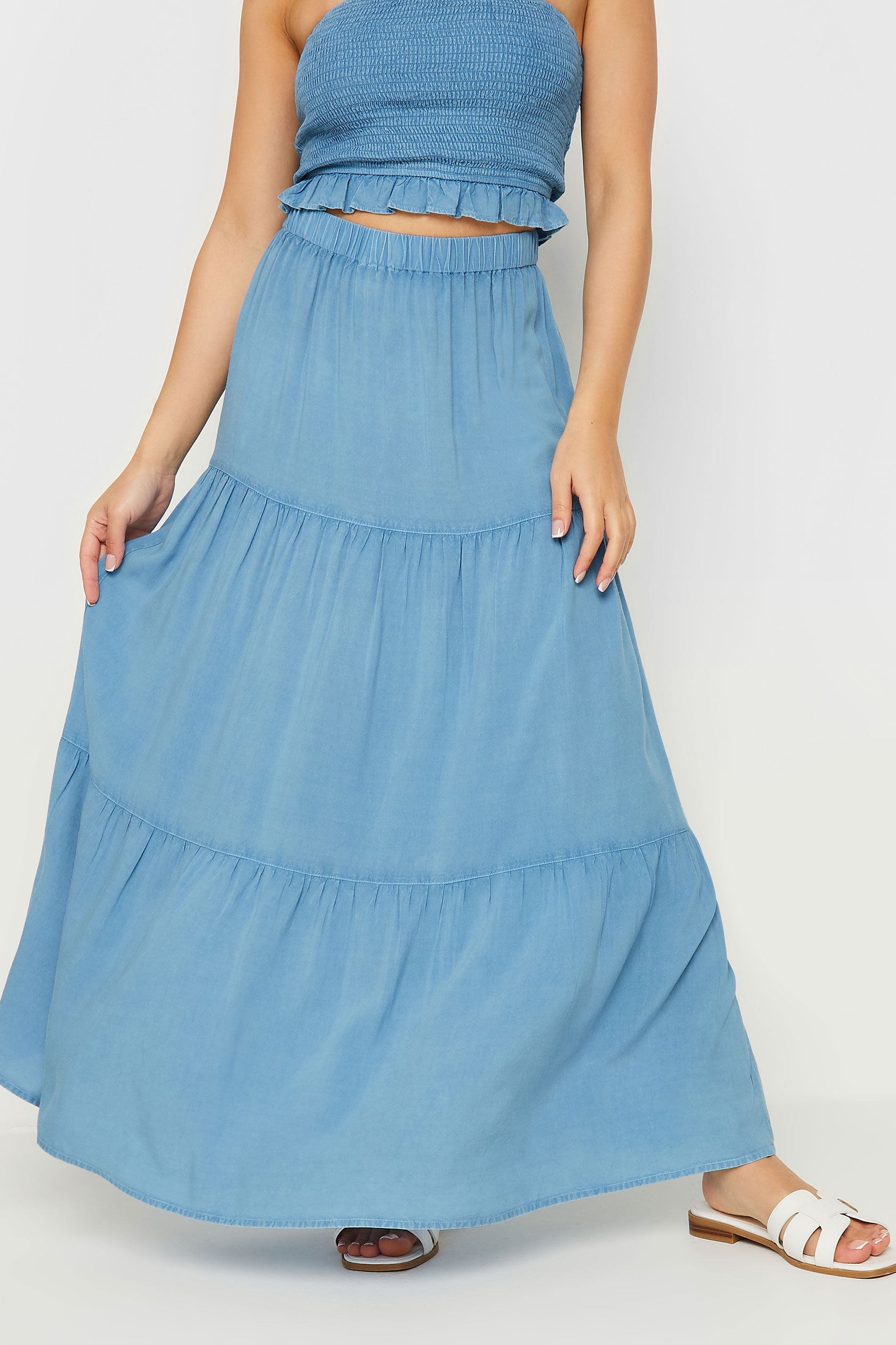 PixieGirl Petite Women's Blue Chambray Tiered Maxi Skirt | PixieGirl 2