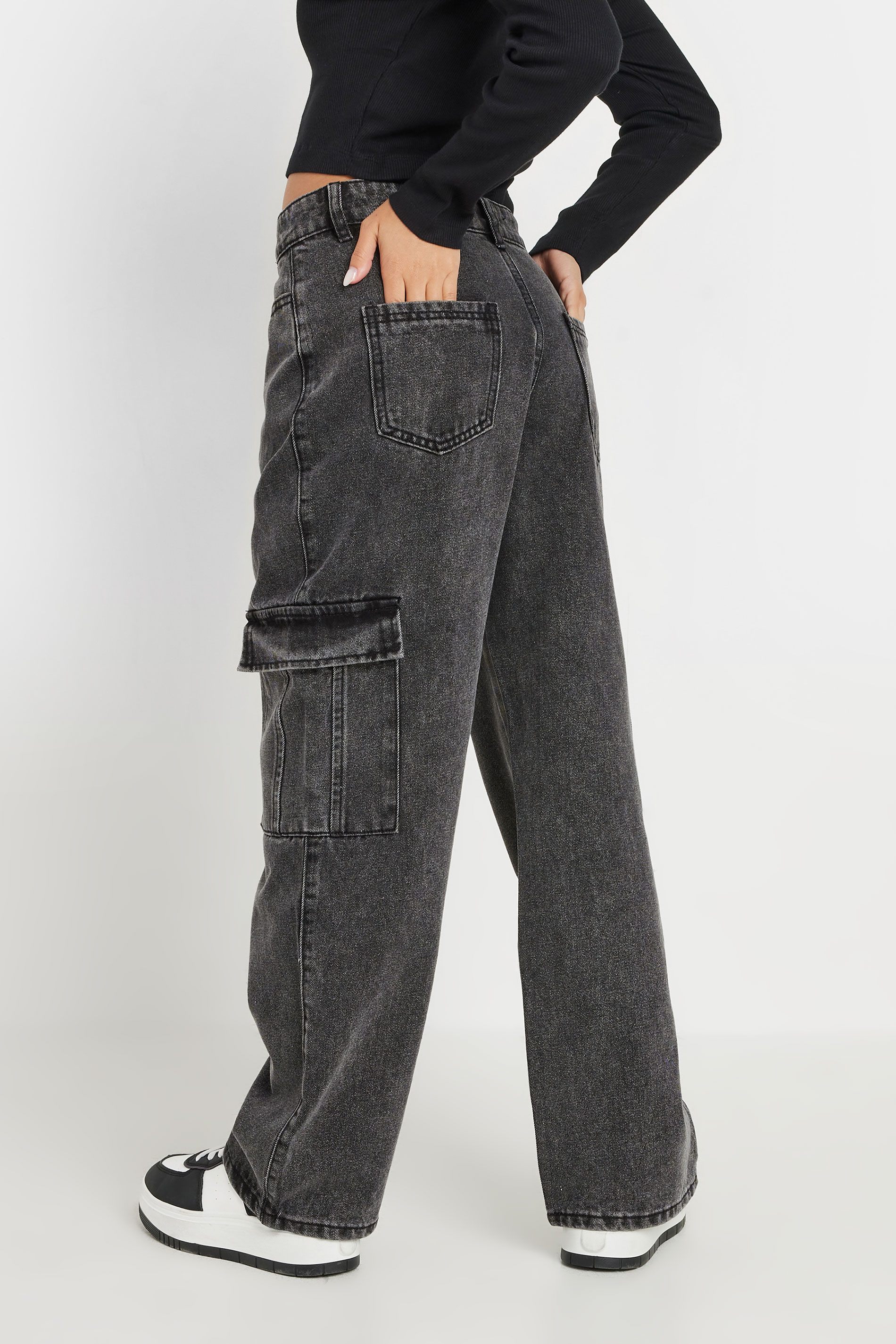 PixieGirl Petite Women's Black Acid Wash Non-Stretch Cargo Style Jeans | PixieGirl 4