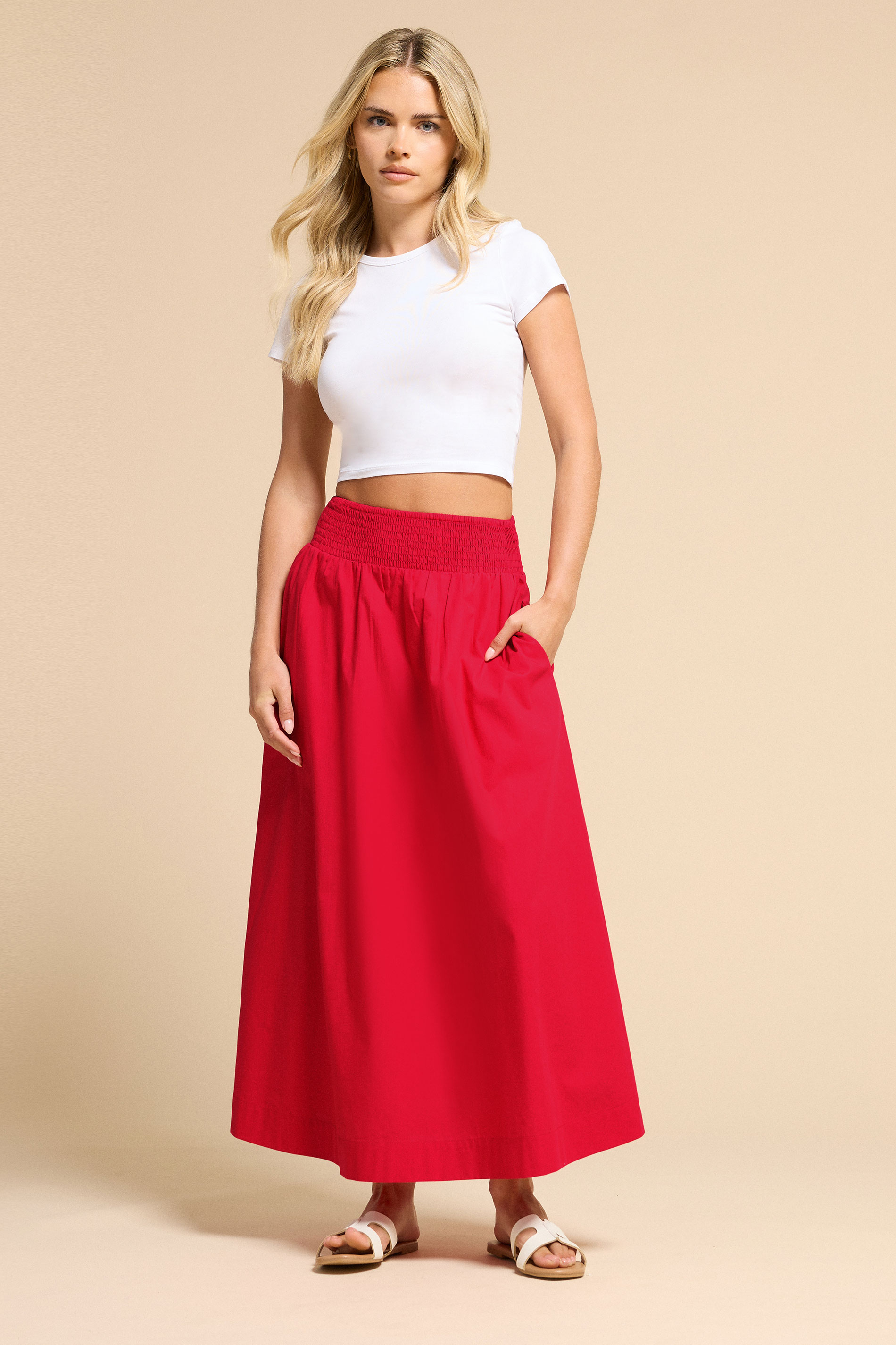 PixieGirl Petite Women's Red Shirred Poplin Maxi Skirt | PixieGirl 1