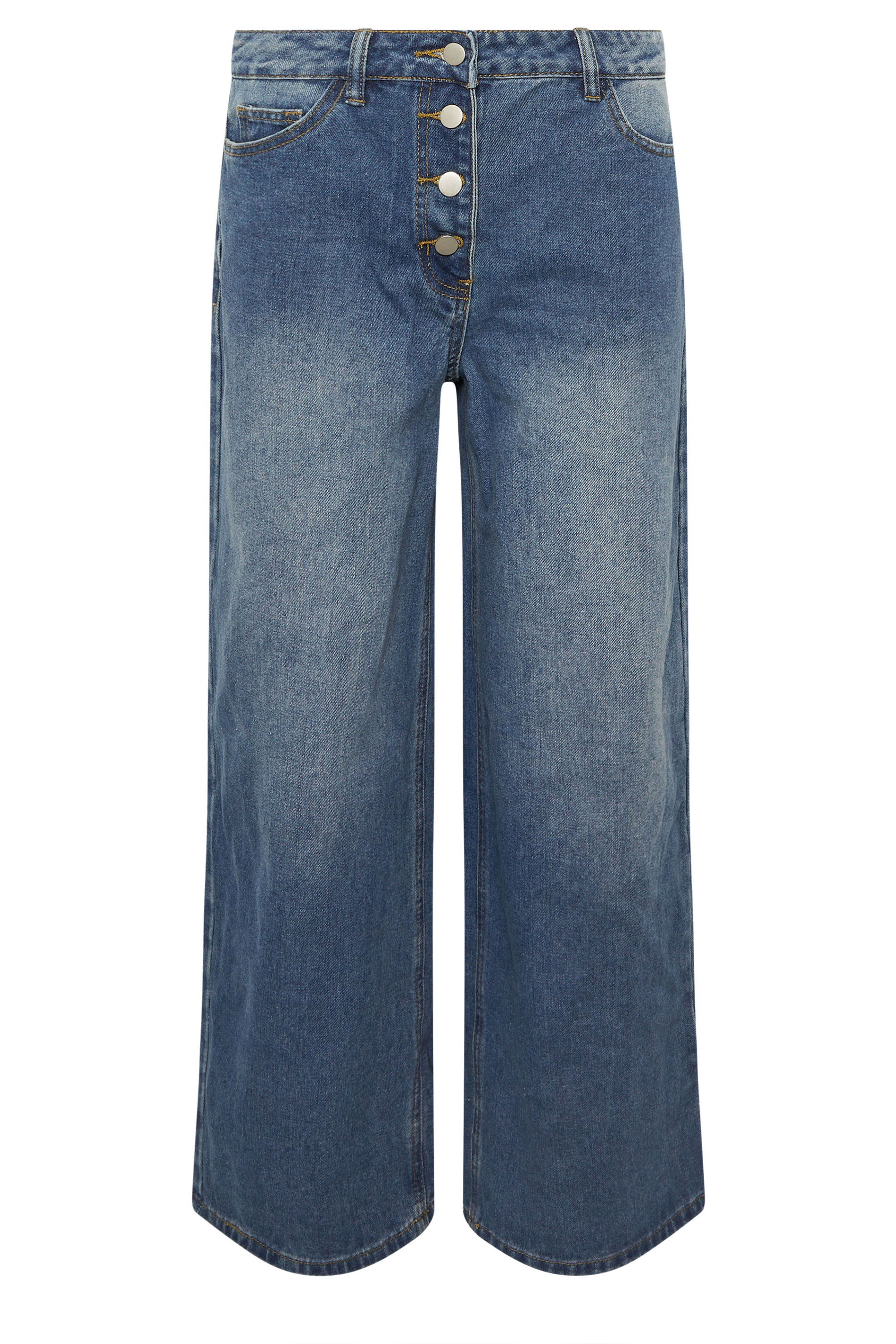 PixieGirl Petite Women's Mid Blue Button Front Wide Leg Jeans | PixieGirl 5