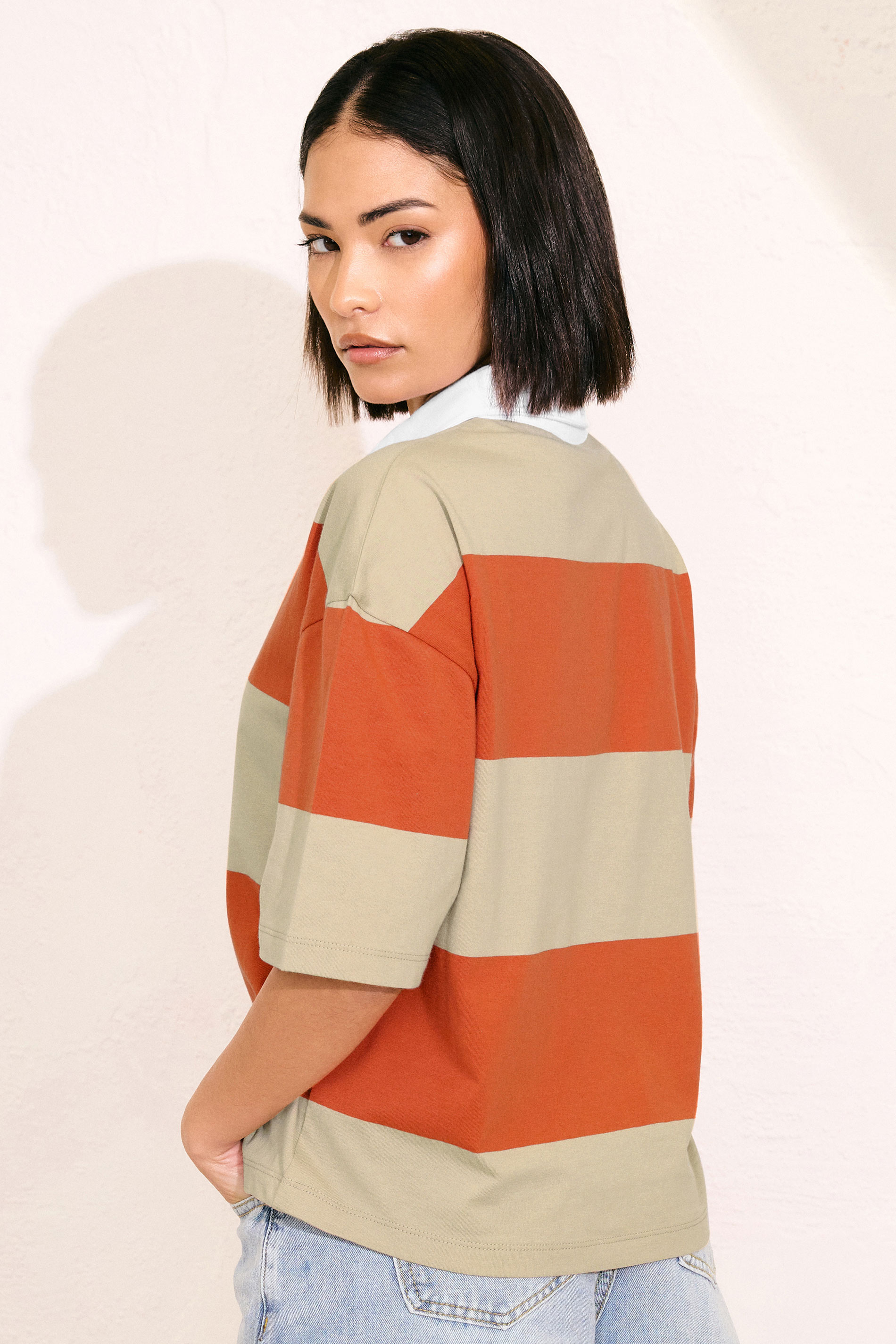 PixieGirl Petite Women's Orange Cotton Striped Rugby Collar T-Shirt | PixieGirl 4