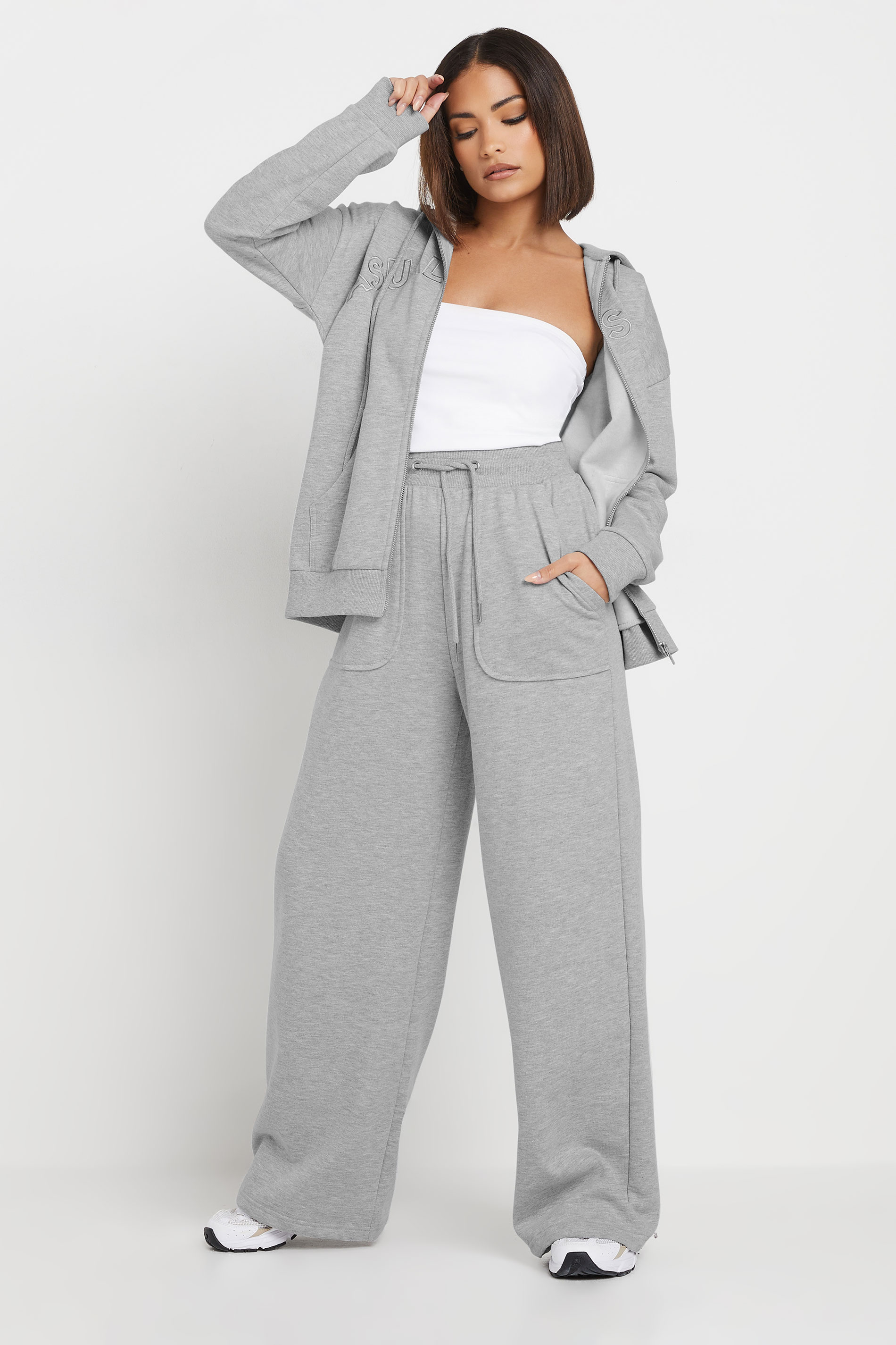 PixieGirl Petite Women's Grey Pocket Patch Wide Leg Joggers | PixieGirl 1