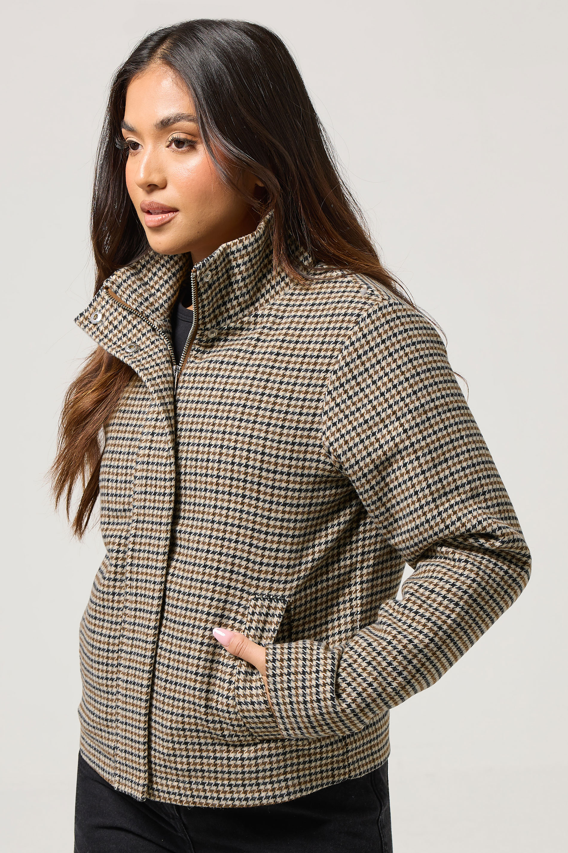 PixieGirl Petite Women's Brown Check Funnel Neck Coat | PixieGirl 1