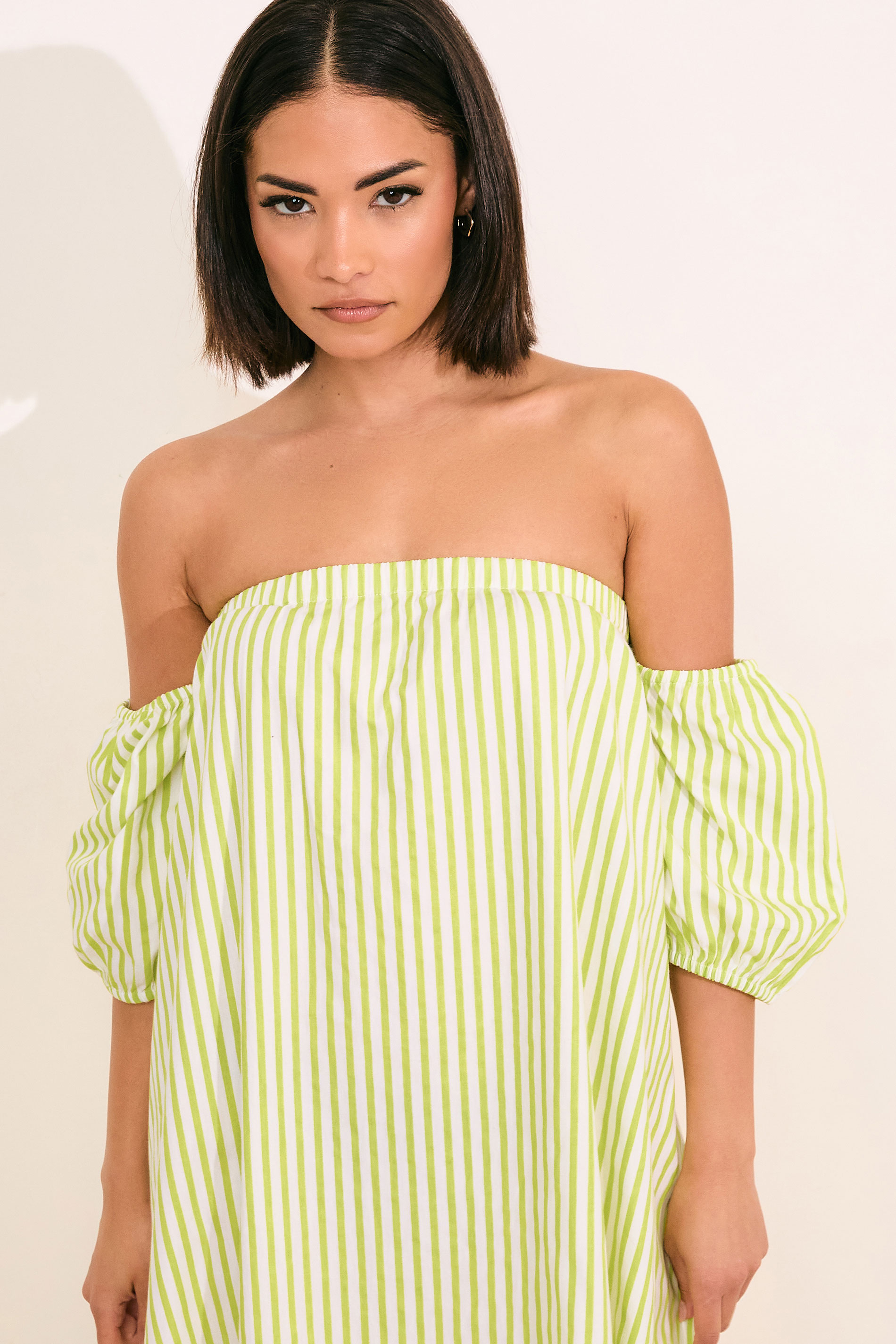 PixieGirl Petite Women's Lime Green Stripe Bardot Midaxi Dress | PixieGirl 6