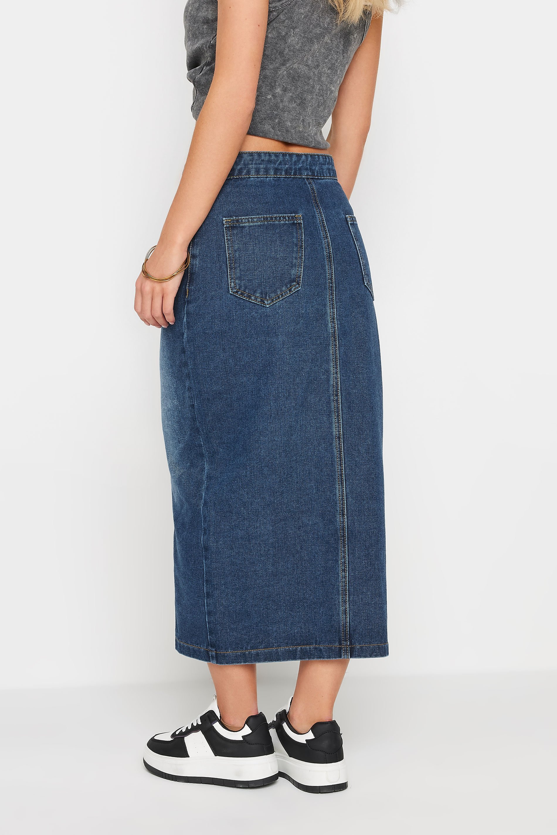 PixieGirl Petite Women's Blue Denim Zip Front Midi Skirt | PixieGirl 3
