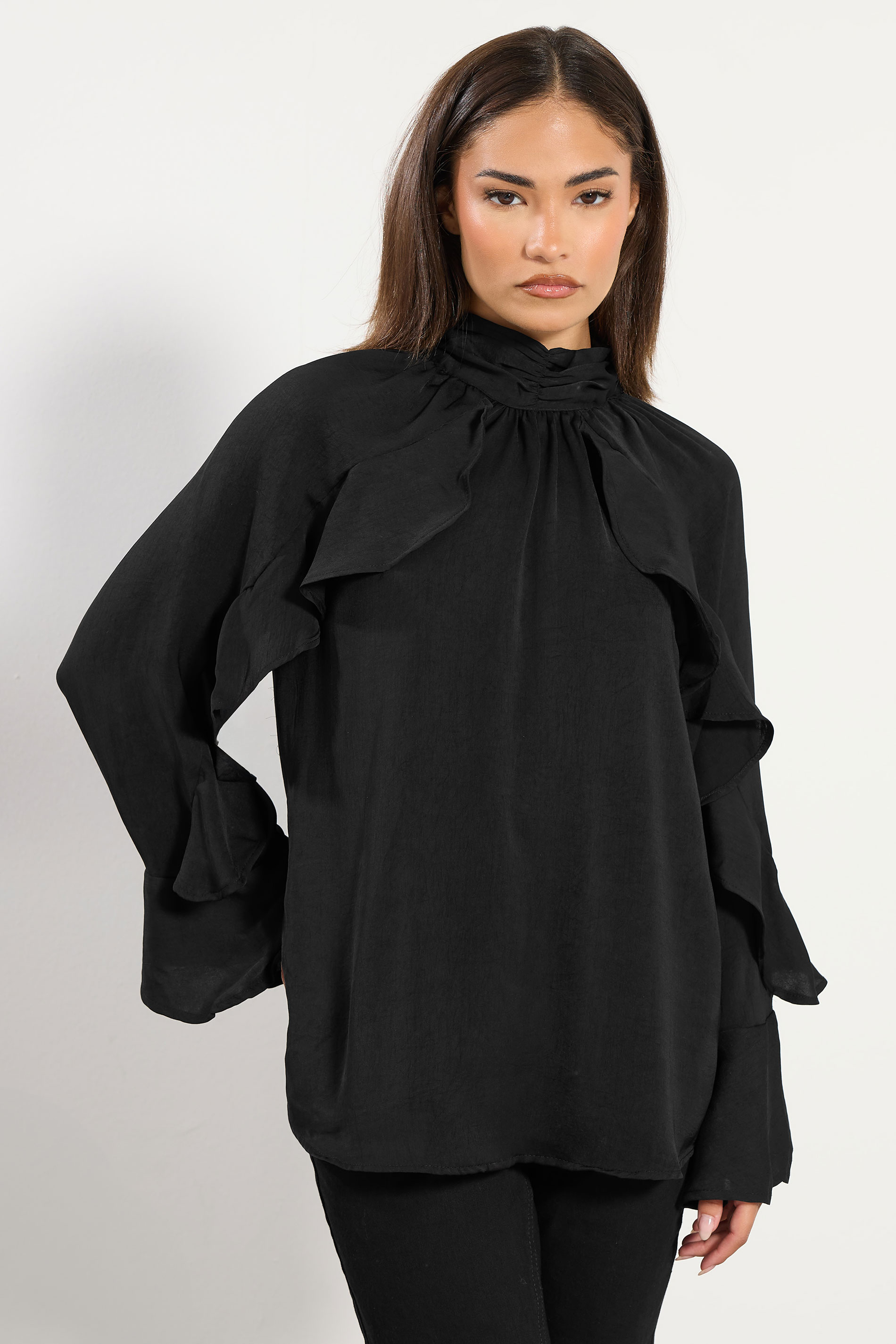 PixieGirl Petite Women's Black Satin Frill Blouse | PixieGirl 1