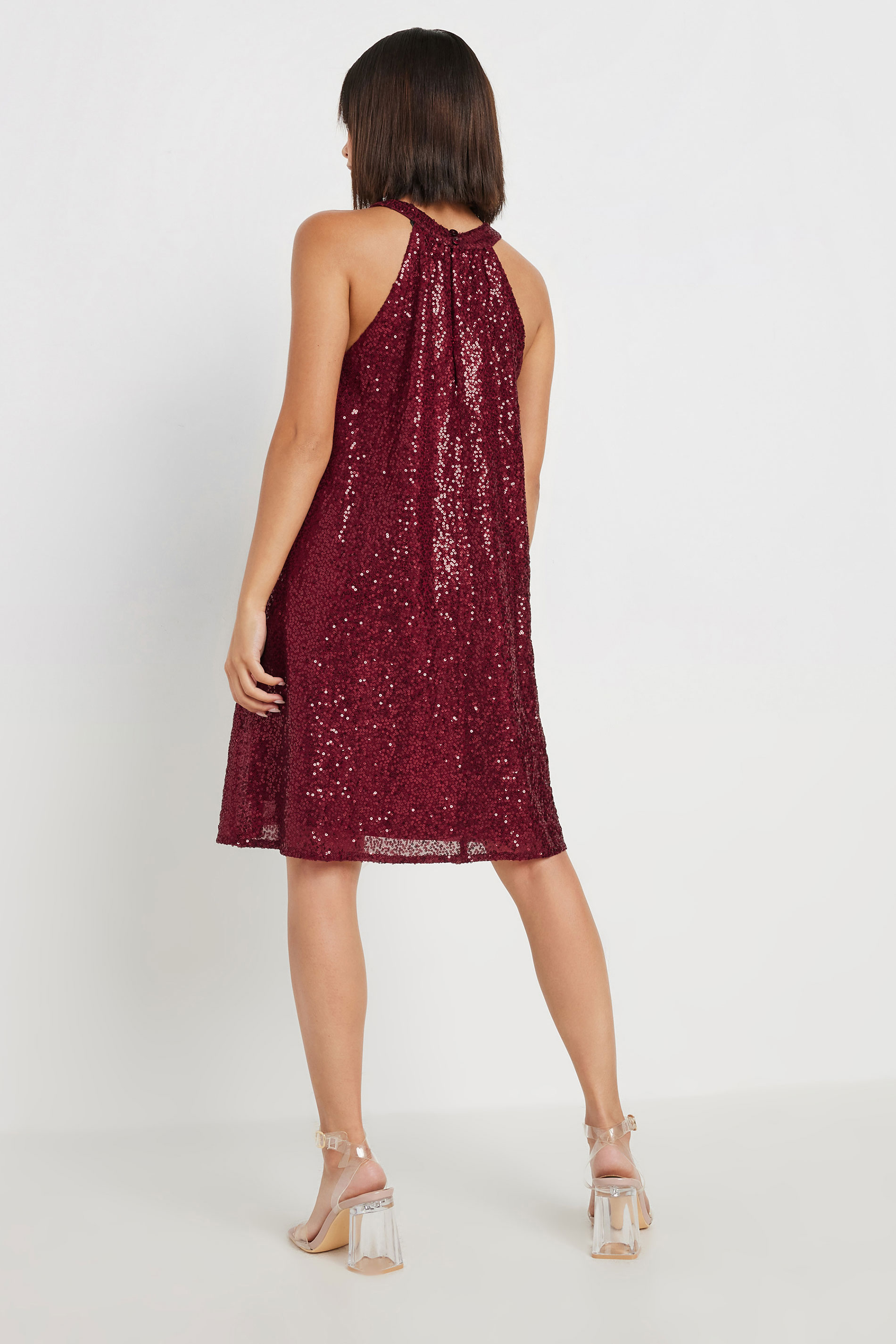 PixieGirl Petite Women's Burgundy Red Sequin Embellished Halter Neck Dress | PixieGirl 5