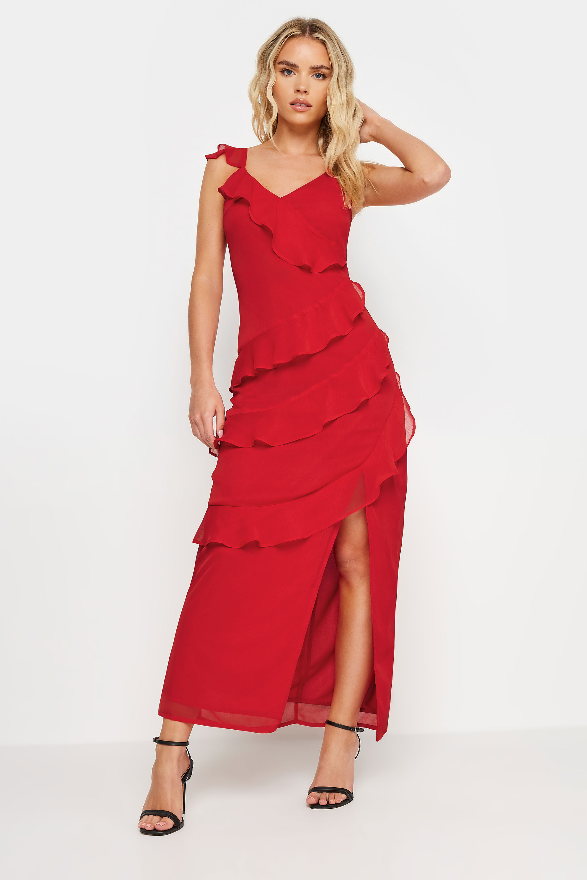 PixieGirl Petite Women's Red Ruffle Maxi Dress | PixieGirl 3