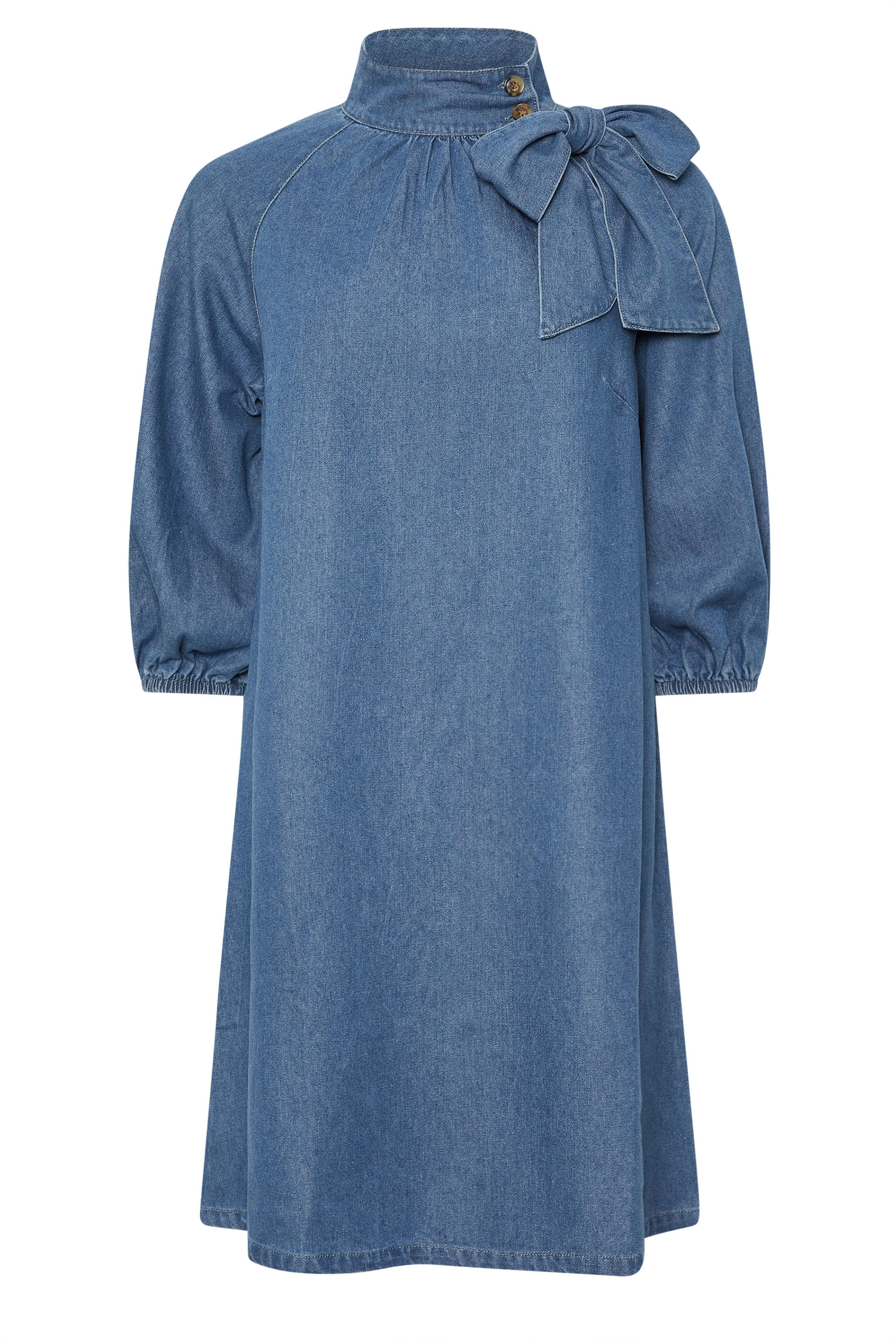 PixieGirl Petite Women's Blue Denim Tie Neck Dress | PixieGirl 6
