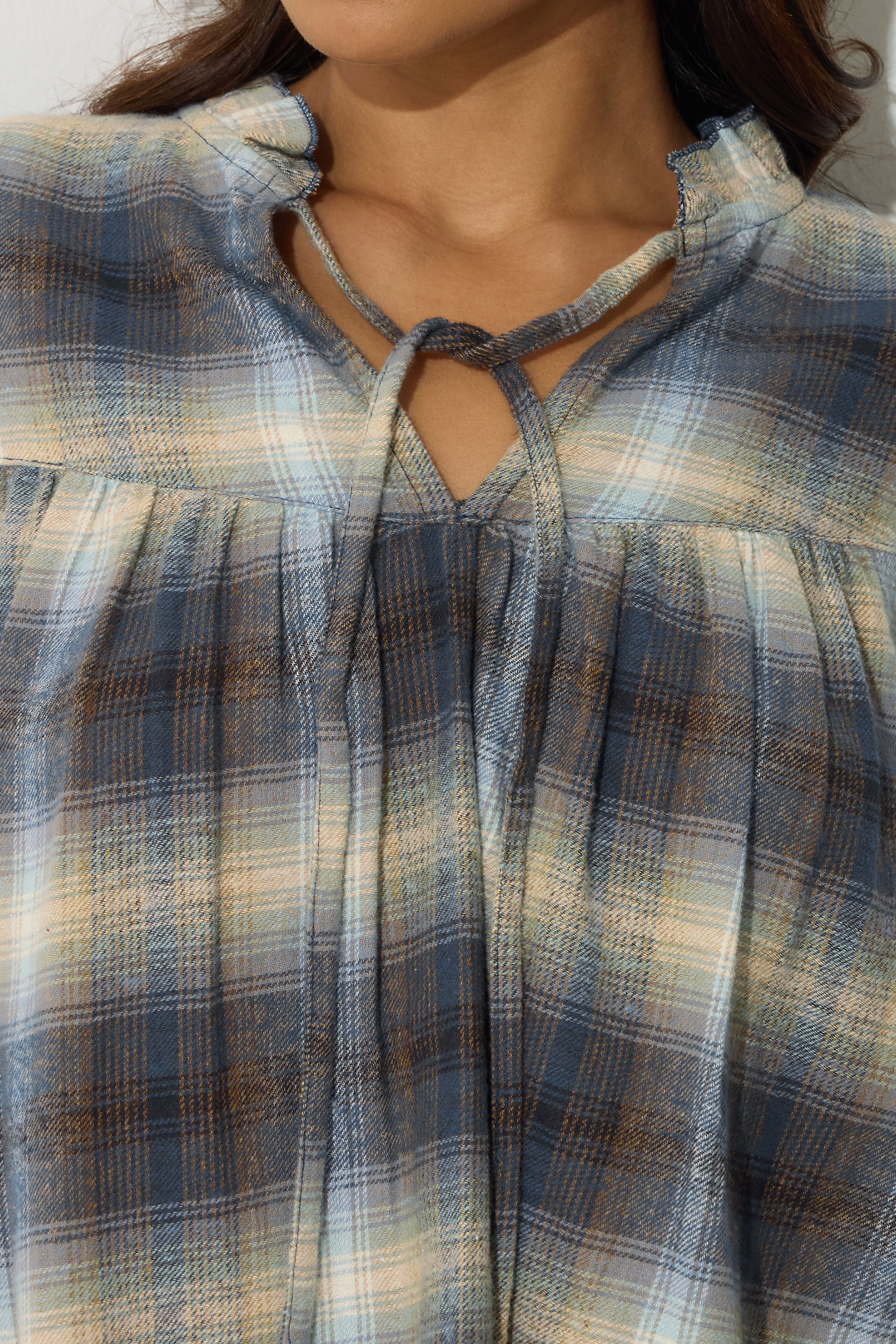 PixieGirl Petite Women's Blue Brushed Check Tie Front Smock Top | PixieGirl 5