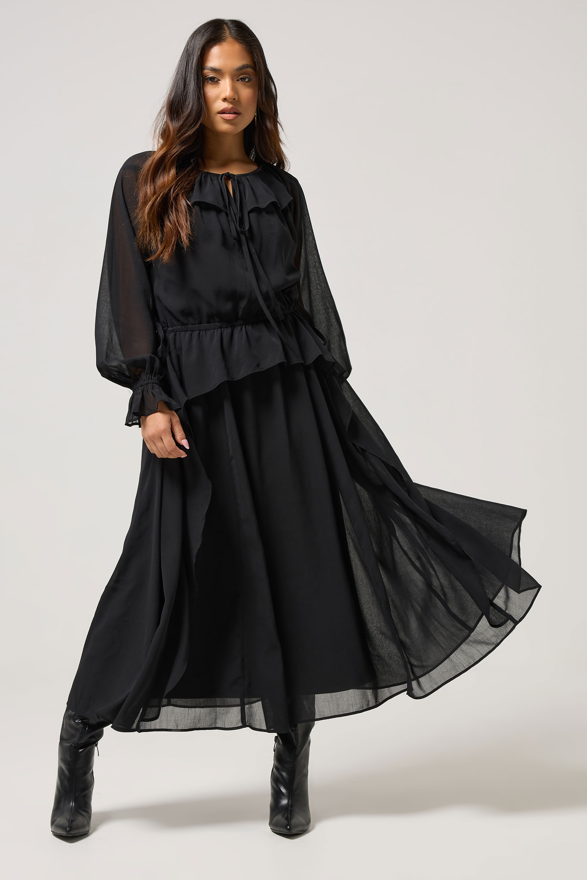 PixieGirl Petite Women's Black Chiffon Frill Tie Waist Maxi Dress | PixieGirl 2