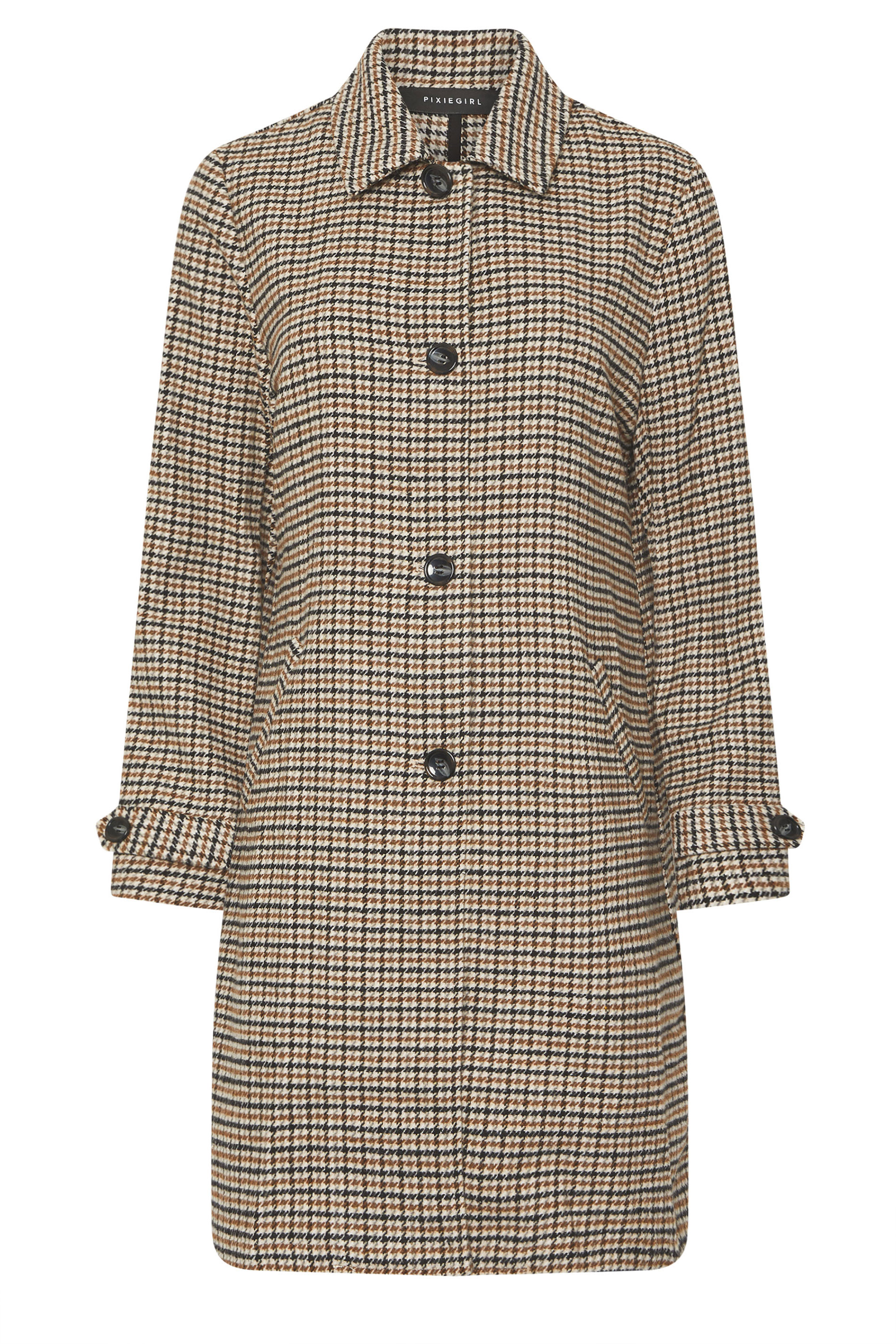 PixieGirl Petite Women's Beige Brown Check Midi Coat | PixieGirl 8