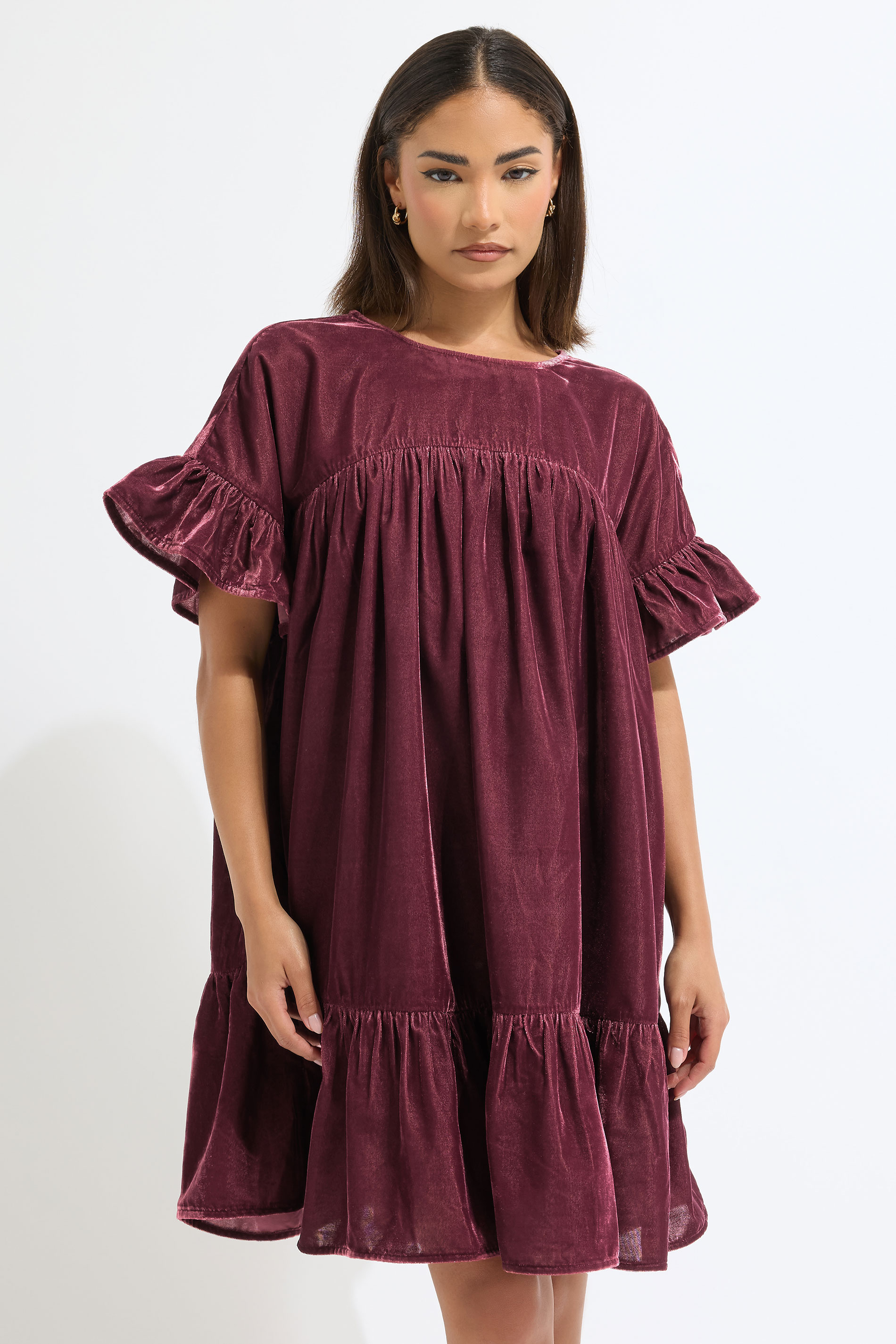 PixieGirl Petite Women's Burgundy Red Velvet Frill Smock Mini Dress | PixieGirl 2