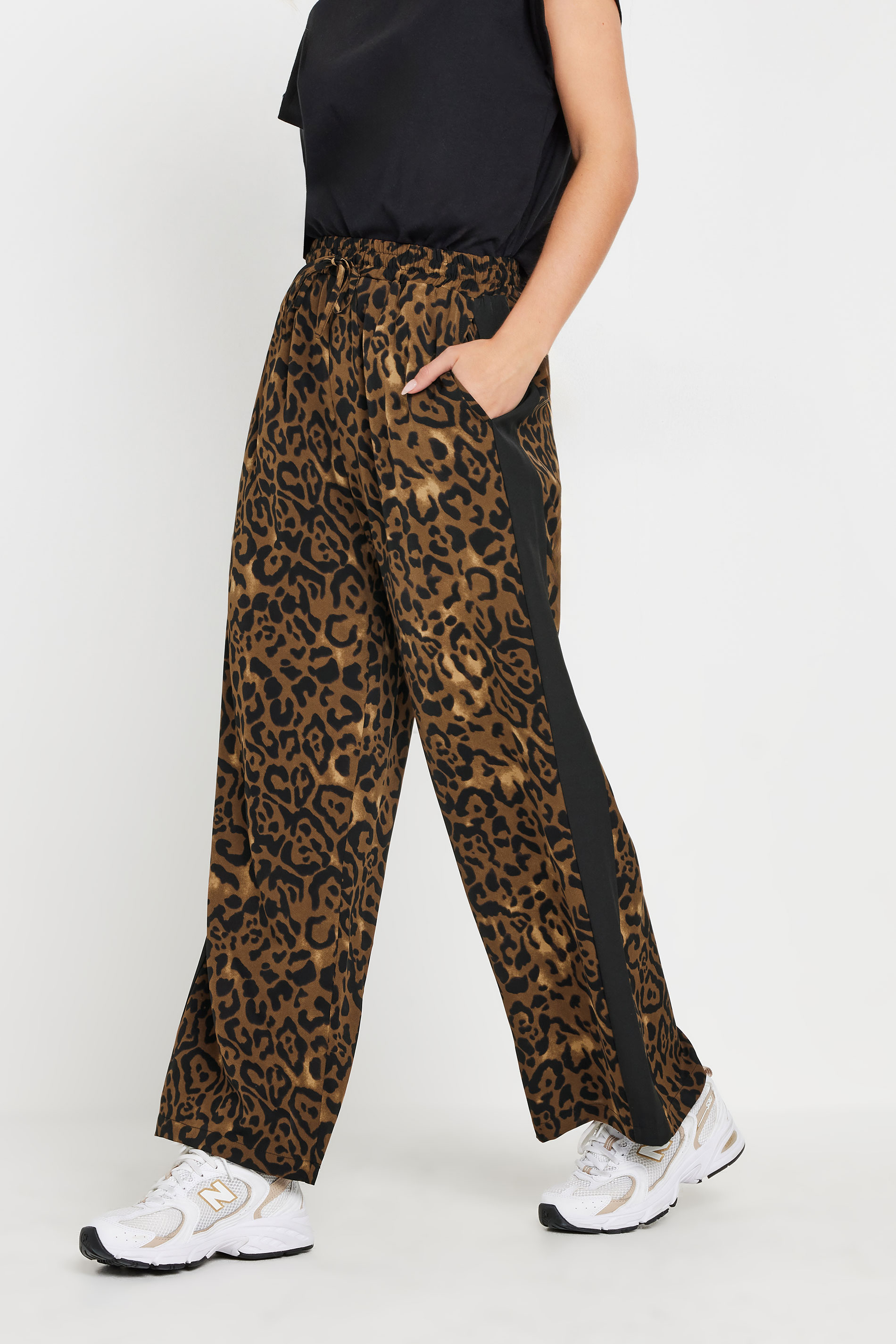 PixieGirl Petite Women's Brown Leopard Print Striped Wide Leg Trousers | PixieGirl 3