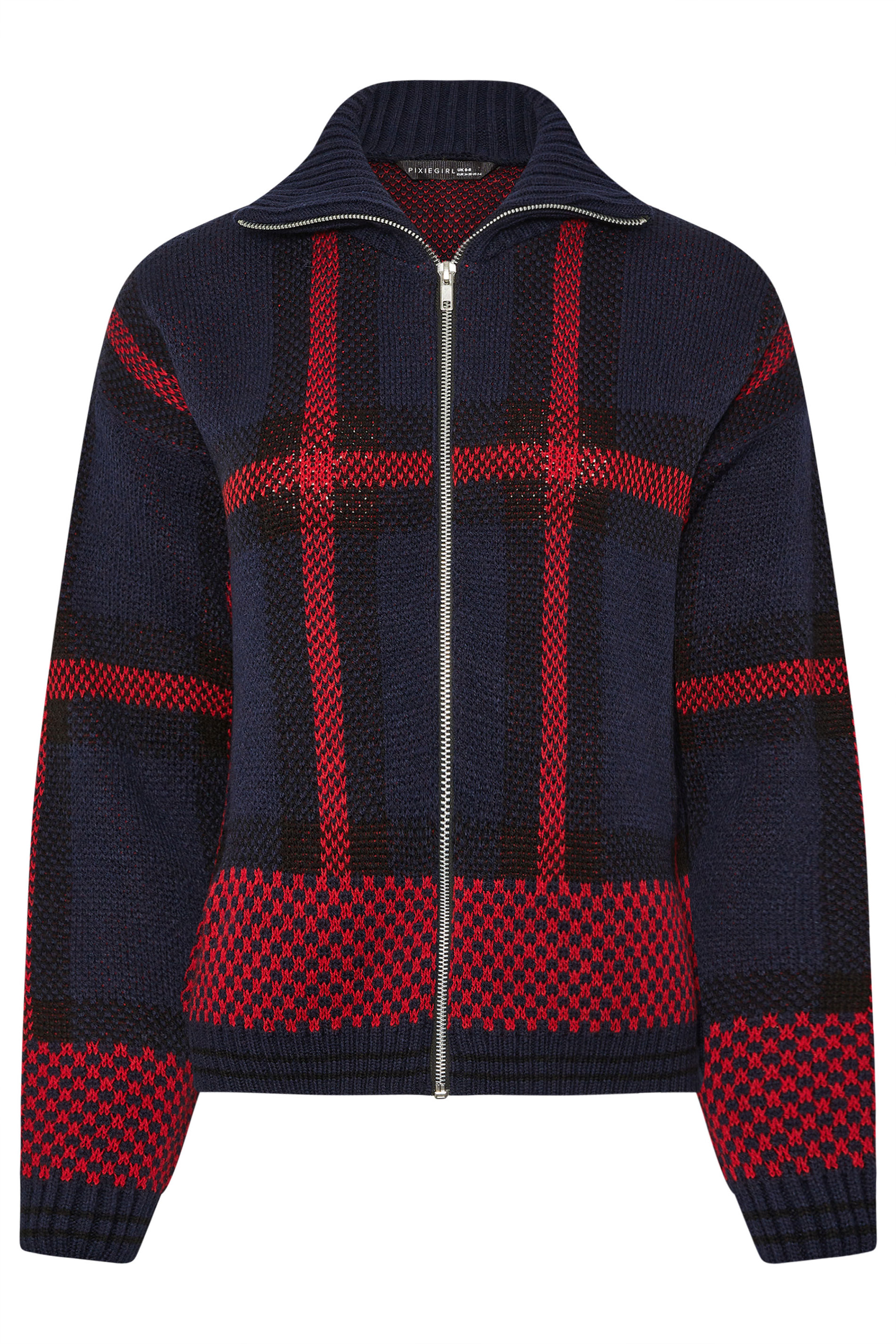 PixieGirl Petite Women's Blue & Red Knitted Check Zip Cardigan | PixieGirl 5