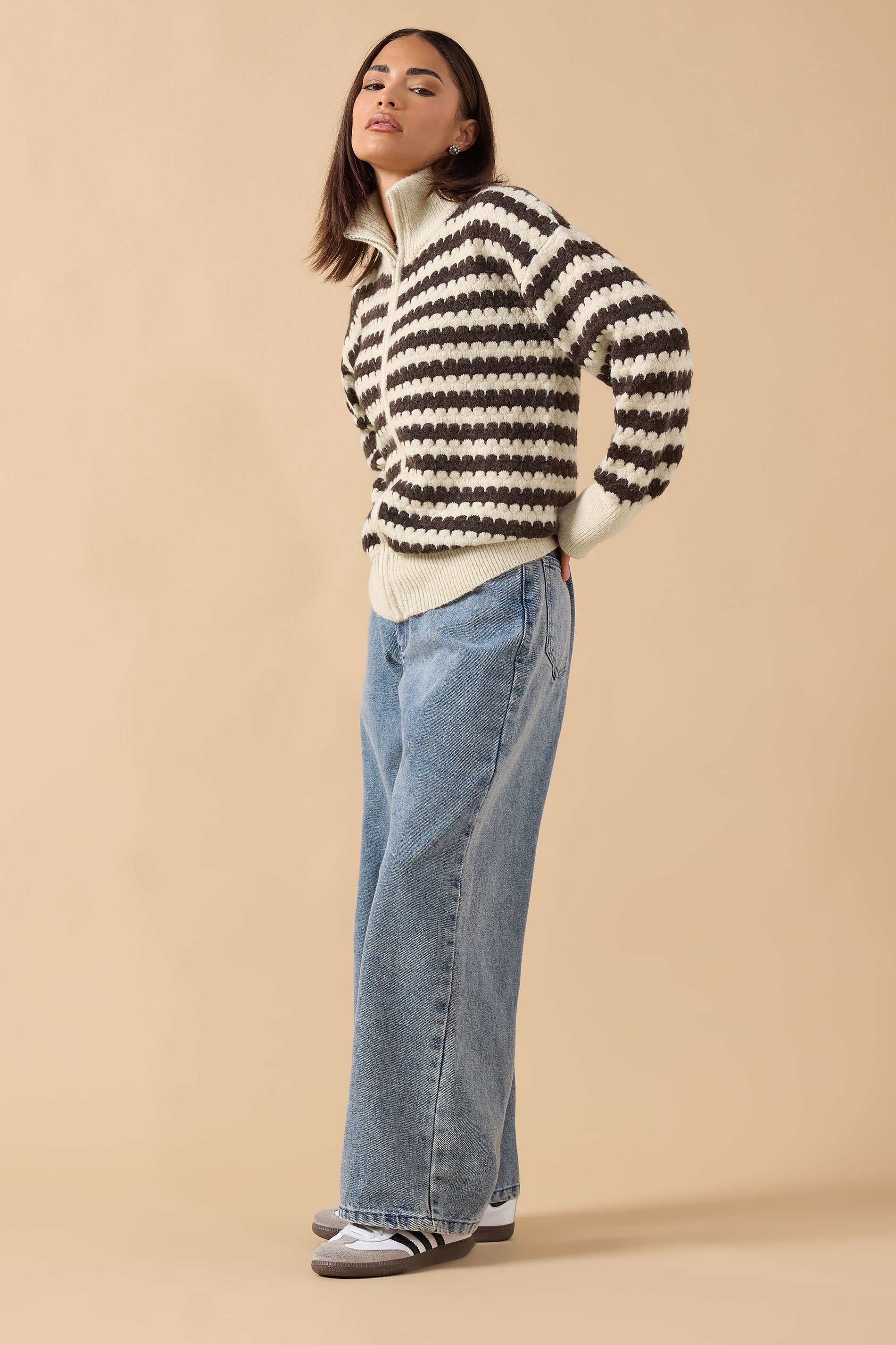 PixieGirl Petite Women's Brown Knitted Scalloped Zip Cardigan | PixieGirl 2