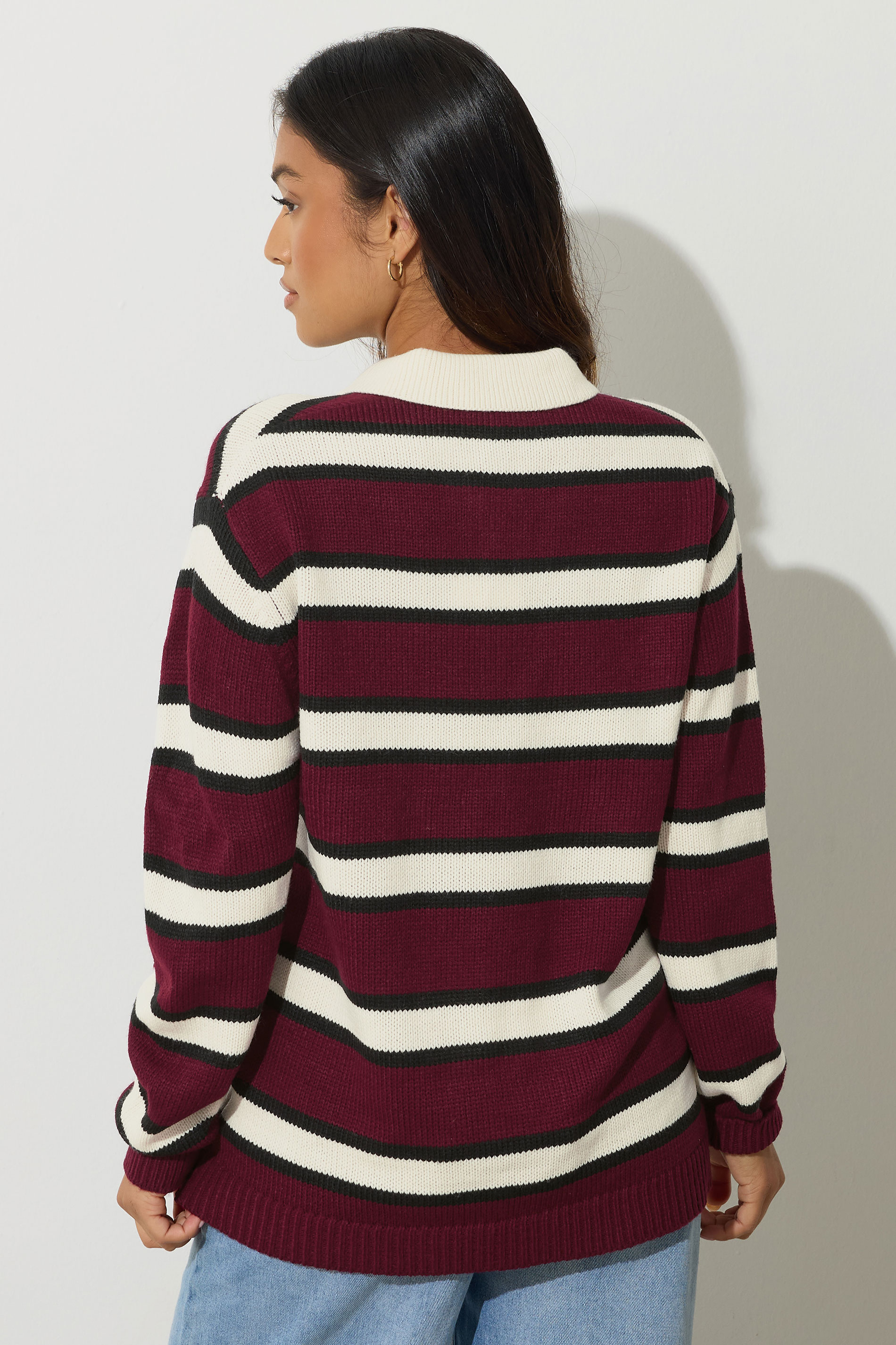 PixieGirl Petite Women's Burgundy Red Stripe Rugby Jumper | PixieGirl 5