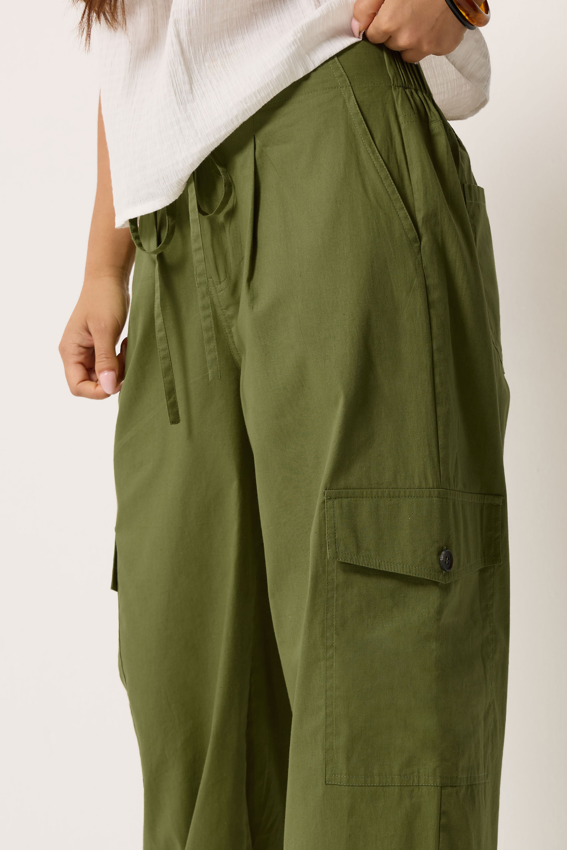 PixieGirl Petite Women's Khaki Green Poplin Cotton Cargo Barrel Leg Trousers | PixieGirl 4