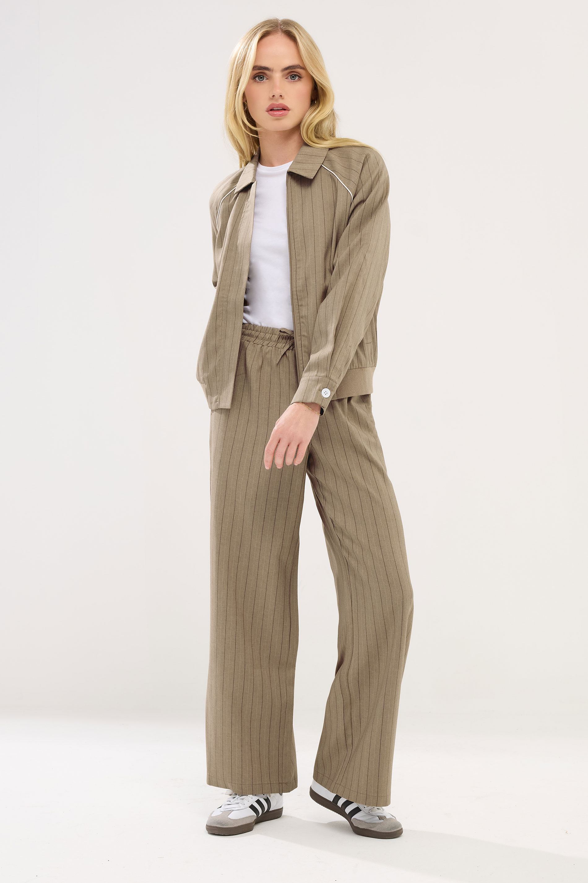 PixieGirl Petite Women's Natural Brown Stripe Pull On Wide Leg Trousers | PixieGirl 1