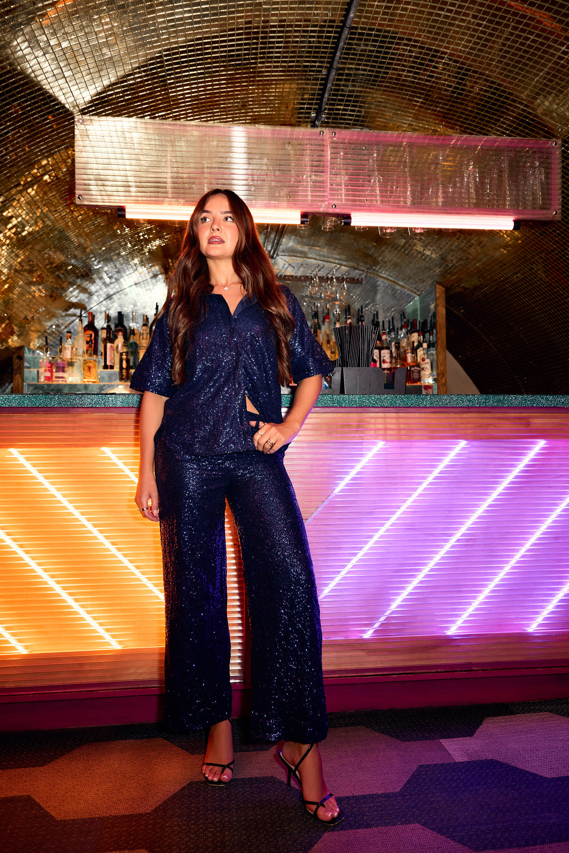 PixieGirl Petite Women's Navy Blue Sequin Embellished Wide Leg Trousers | PixieGirl 2