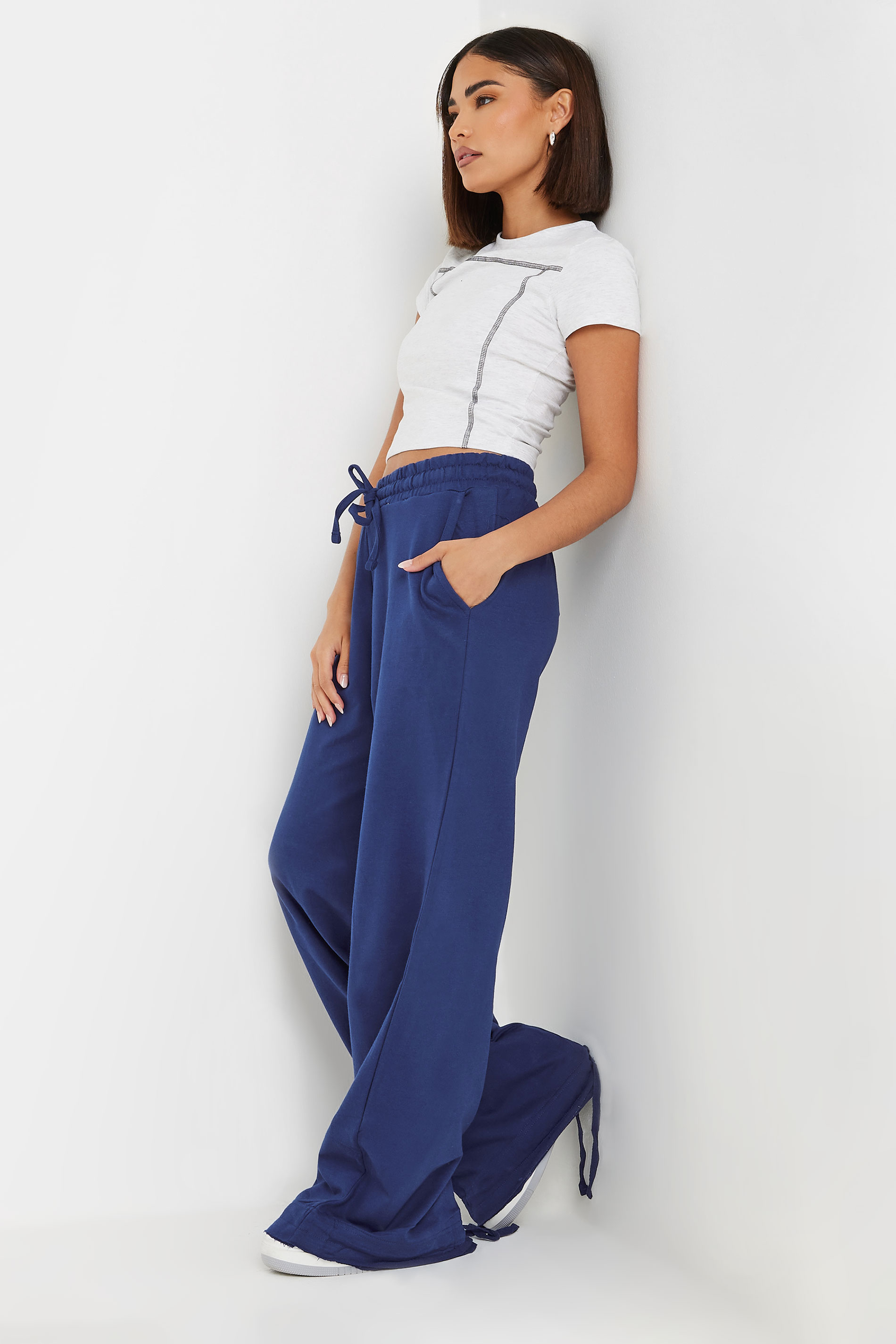 PixieGirl Petite Women's Navy Blue Wide Leg Hem Detail Jogger | PixieGirl 3