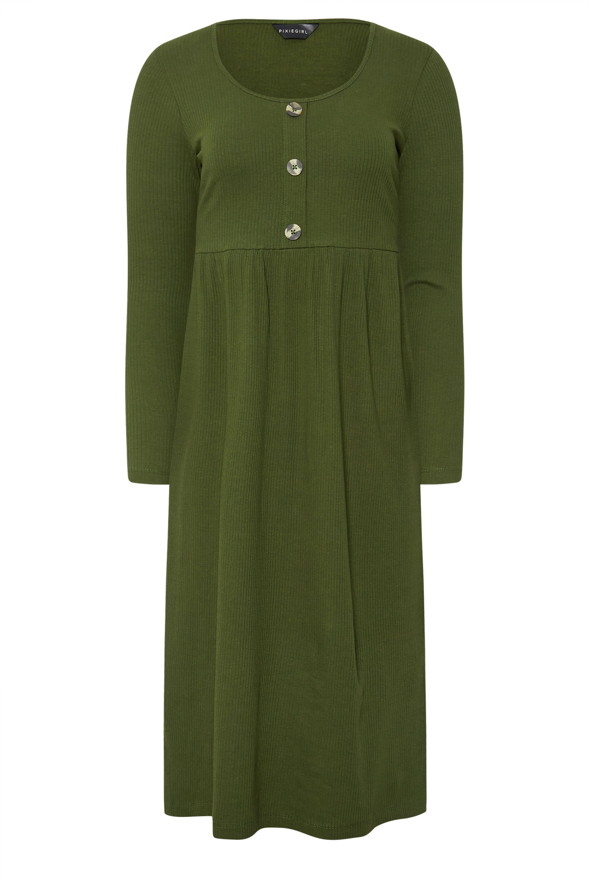PixieGirl Petite Women's Khaki Green Ribbed Button Midaxi Dress | PixieGirl 5