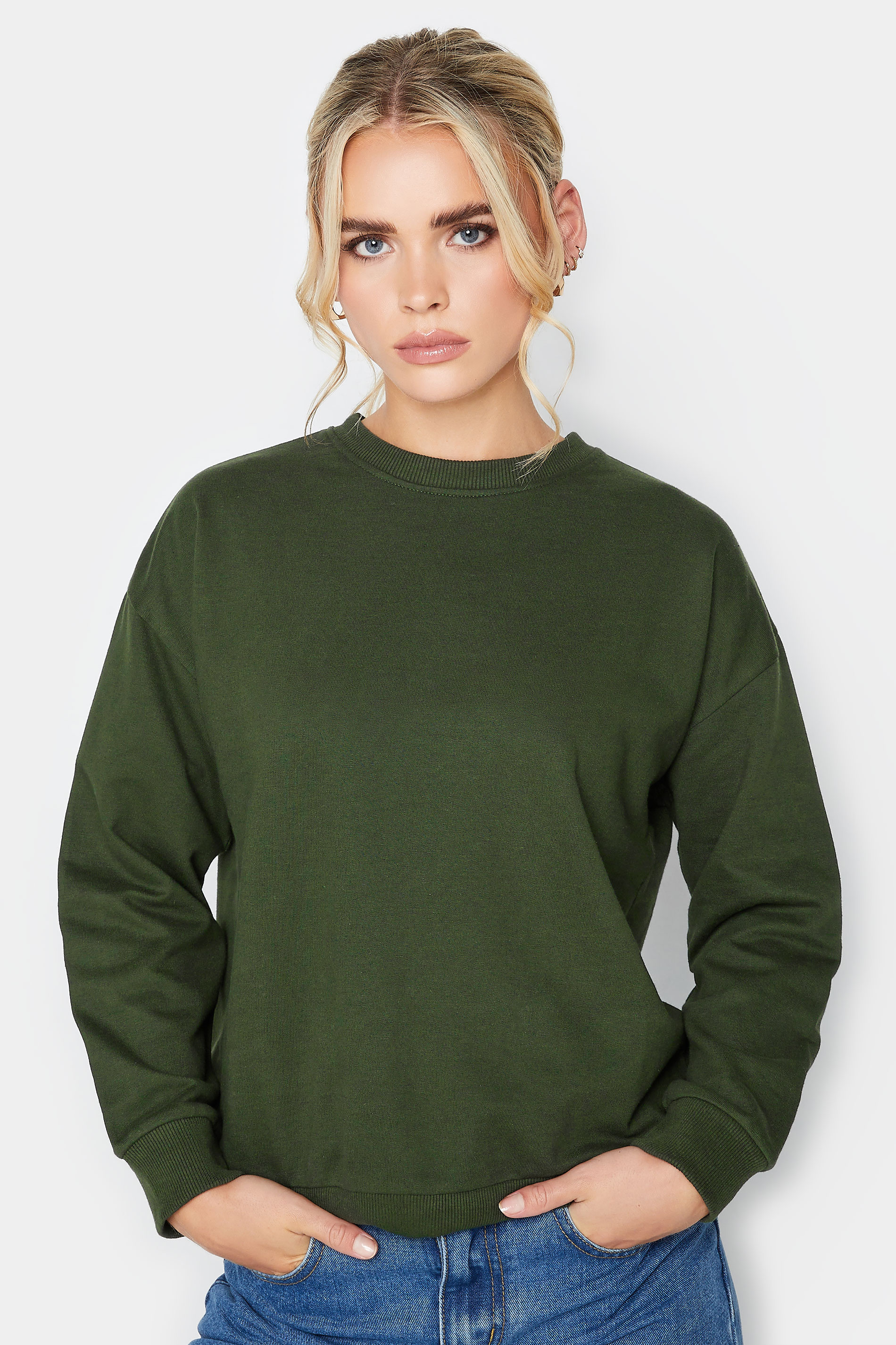Petite Khaki Green Crew Neck Sweatshirt | PixieGirl 1