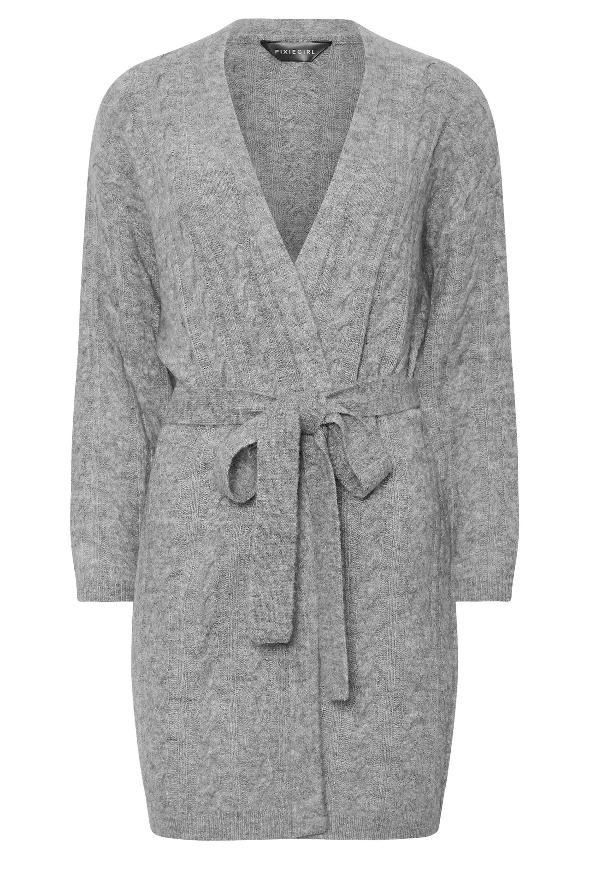 PixieGirl Petite Women's Grey Cable Knit Belted Midi Cardigan | PixieGirl 5