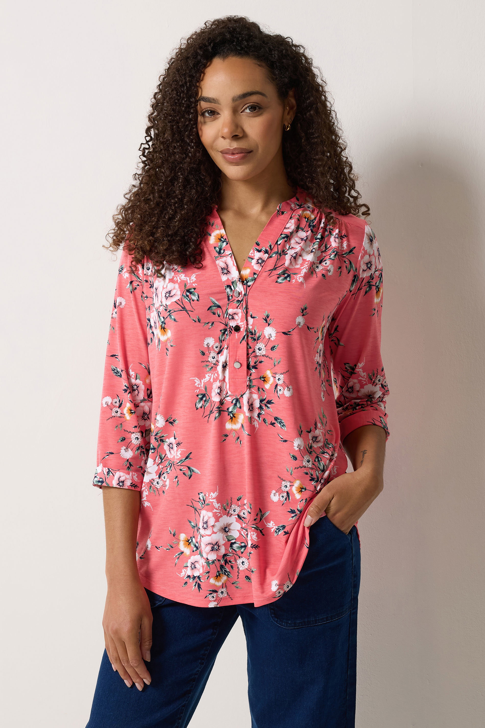 M&Co Pink Floral Half Placket Shirt | M&Co 3