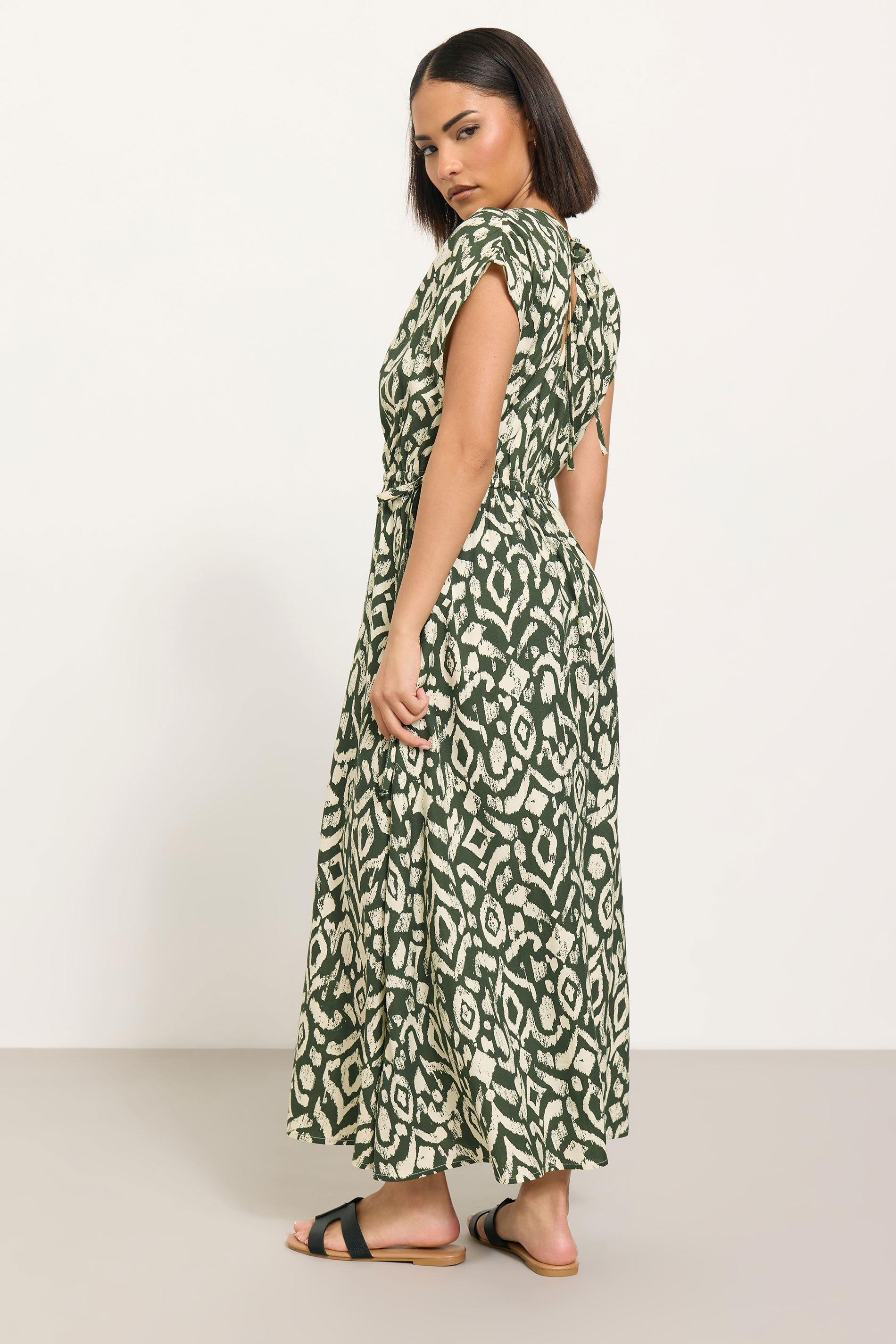 PixieGirl Petite Women's Khaki Green Abstract Drawstring Wrap Maxi Dress | PixieGirl 3