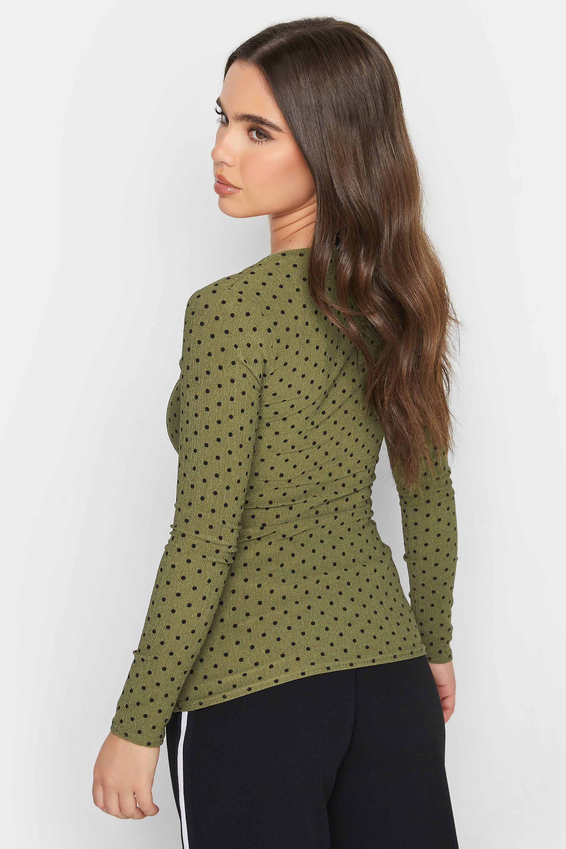 Petite Khaki Green Square Neck Spot Print Long Sleeve Top | PixieGirl 4