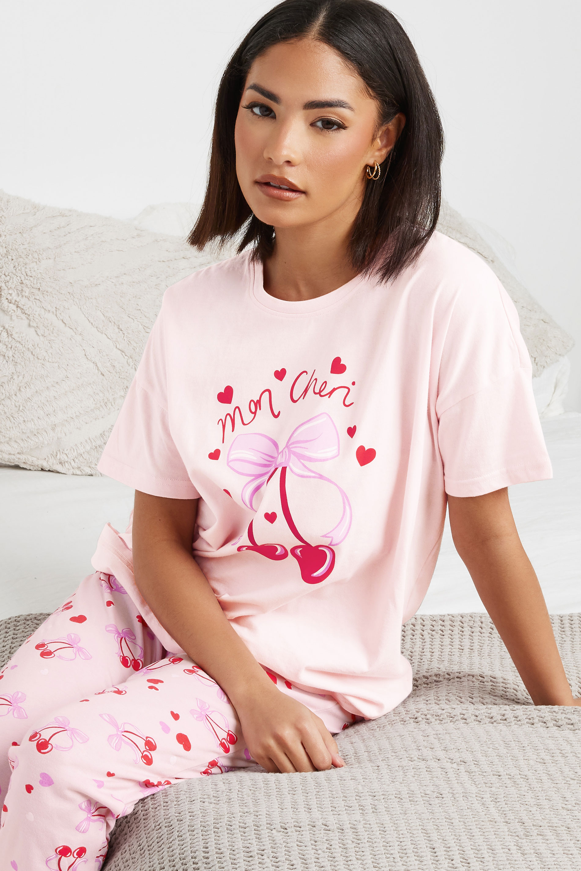 PixieGirl Petite Women's Pink 'Mon Cheri' Graphic Cuffed Pyjama Set | PixieGirl 4