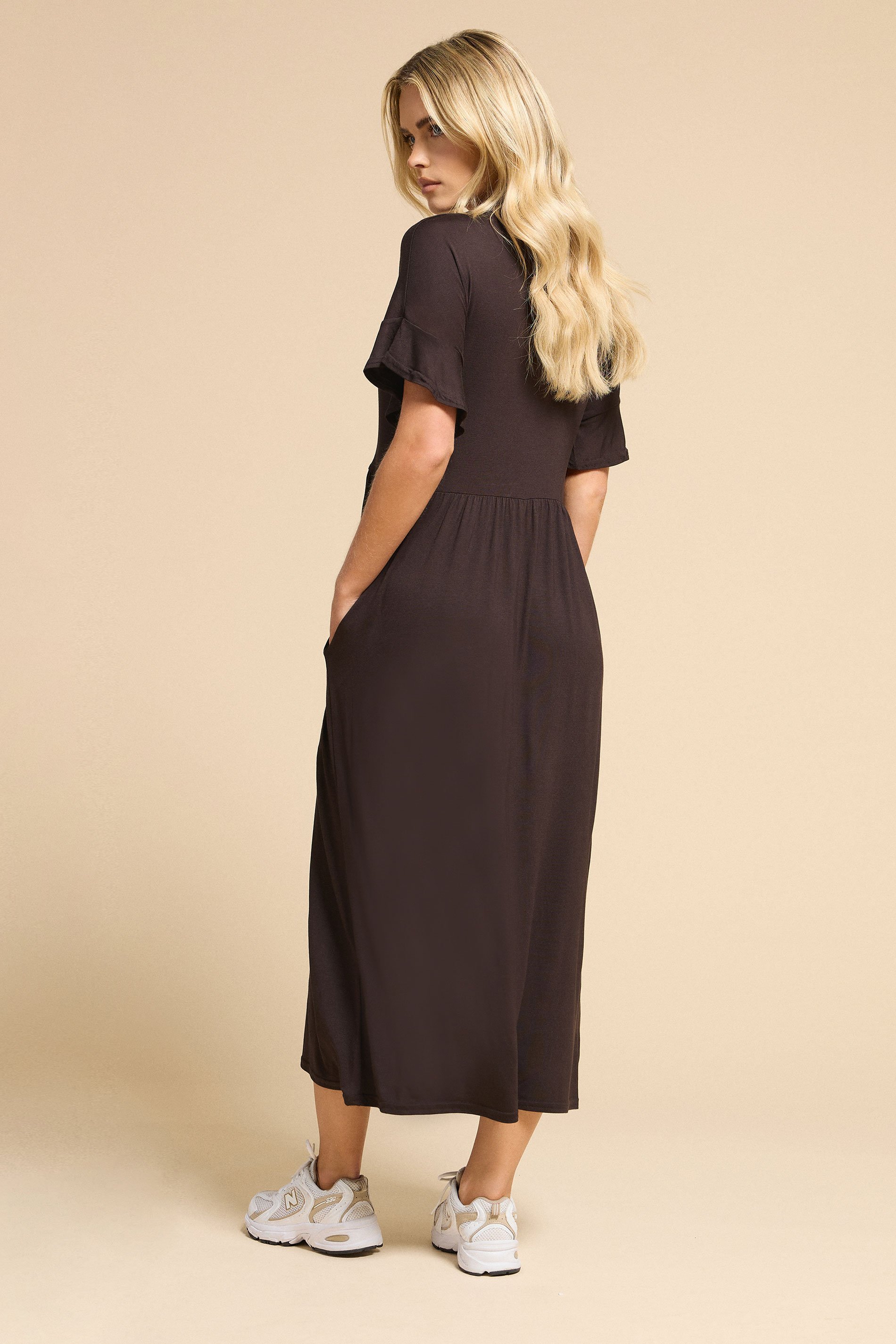 PixieGirl Petite Women's Brown Frill Sleeve Smock Midaxi Dress | PixieGirl 3