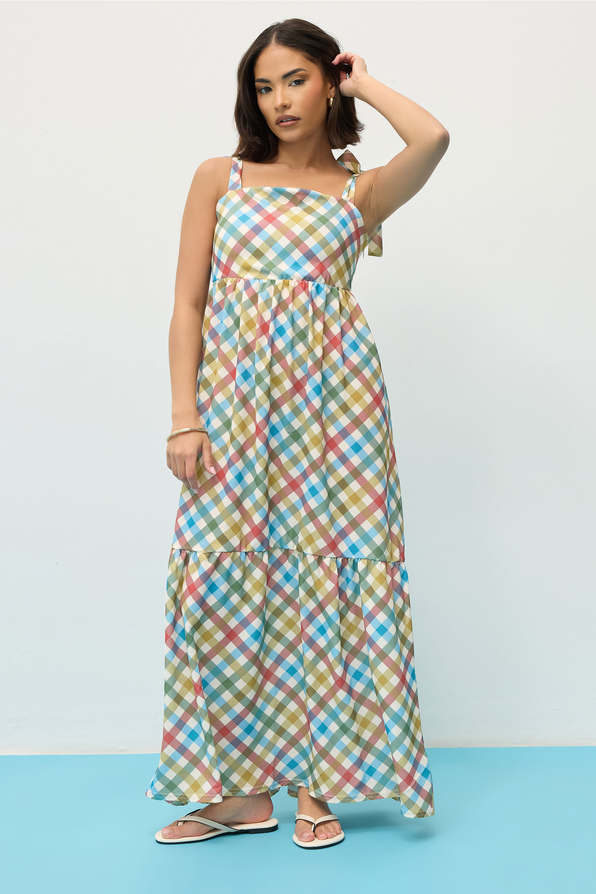 PixieGirl Petite Women's Red Gingham Tie Shoulder Maxi Dress | PixieGirl 1