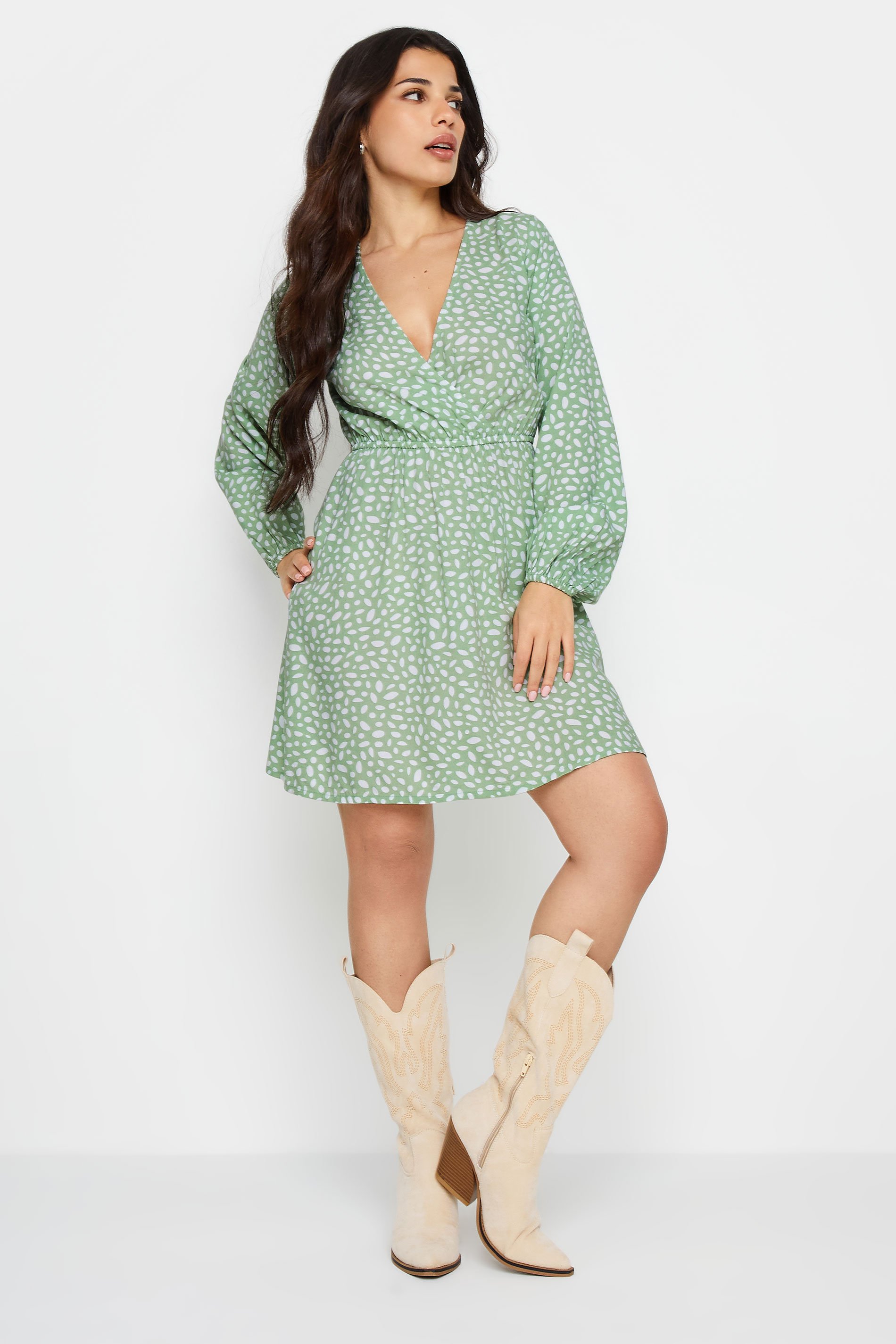 PixieGirl Petite Women's Sage Green Abstract Spot Print Mini Wrap Dress | PixieGirl 2
