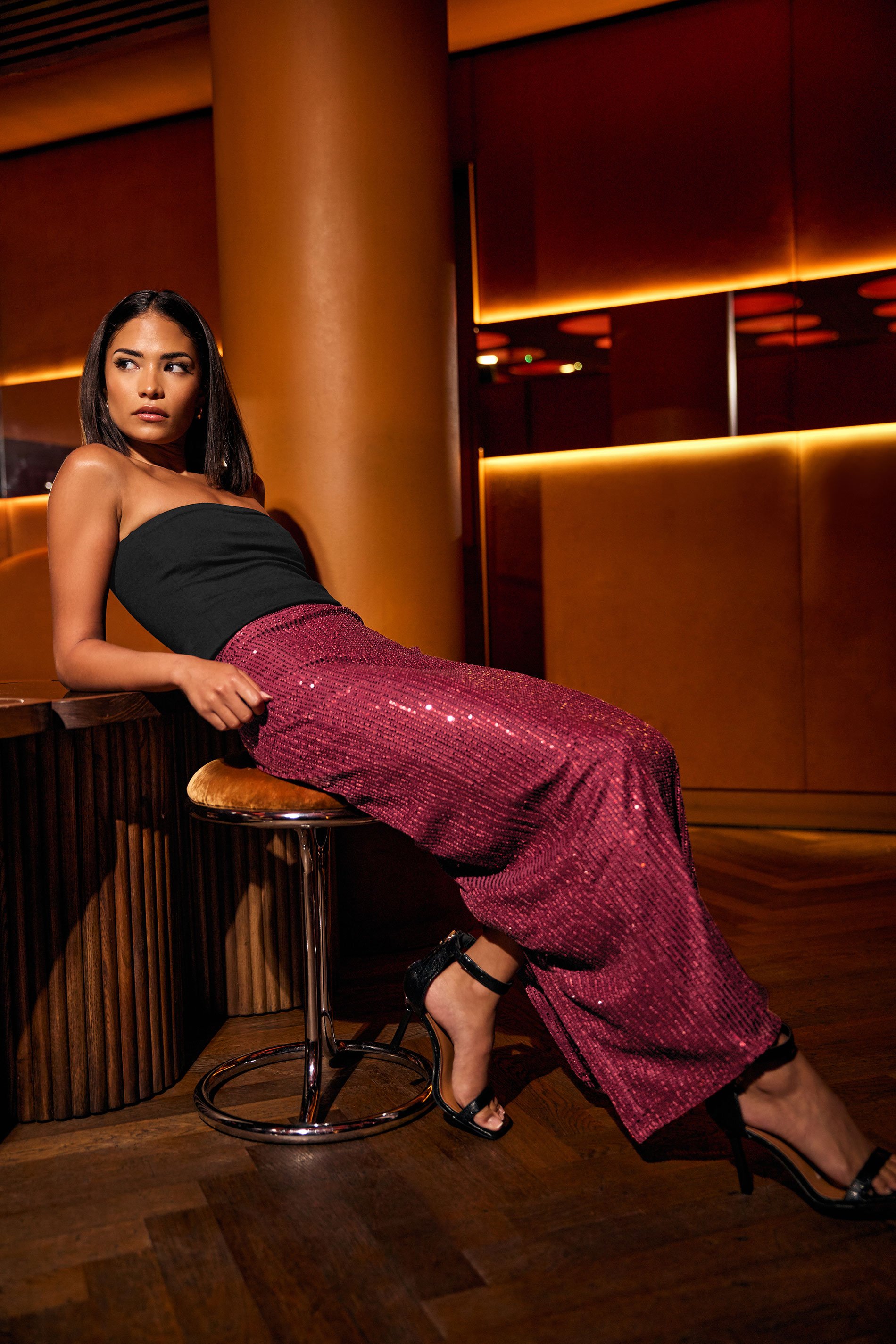 PixieGirl Petite Women's Burgundy Red Sequin Embellished Maxi Skirt | PixieGirl 2