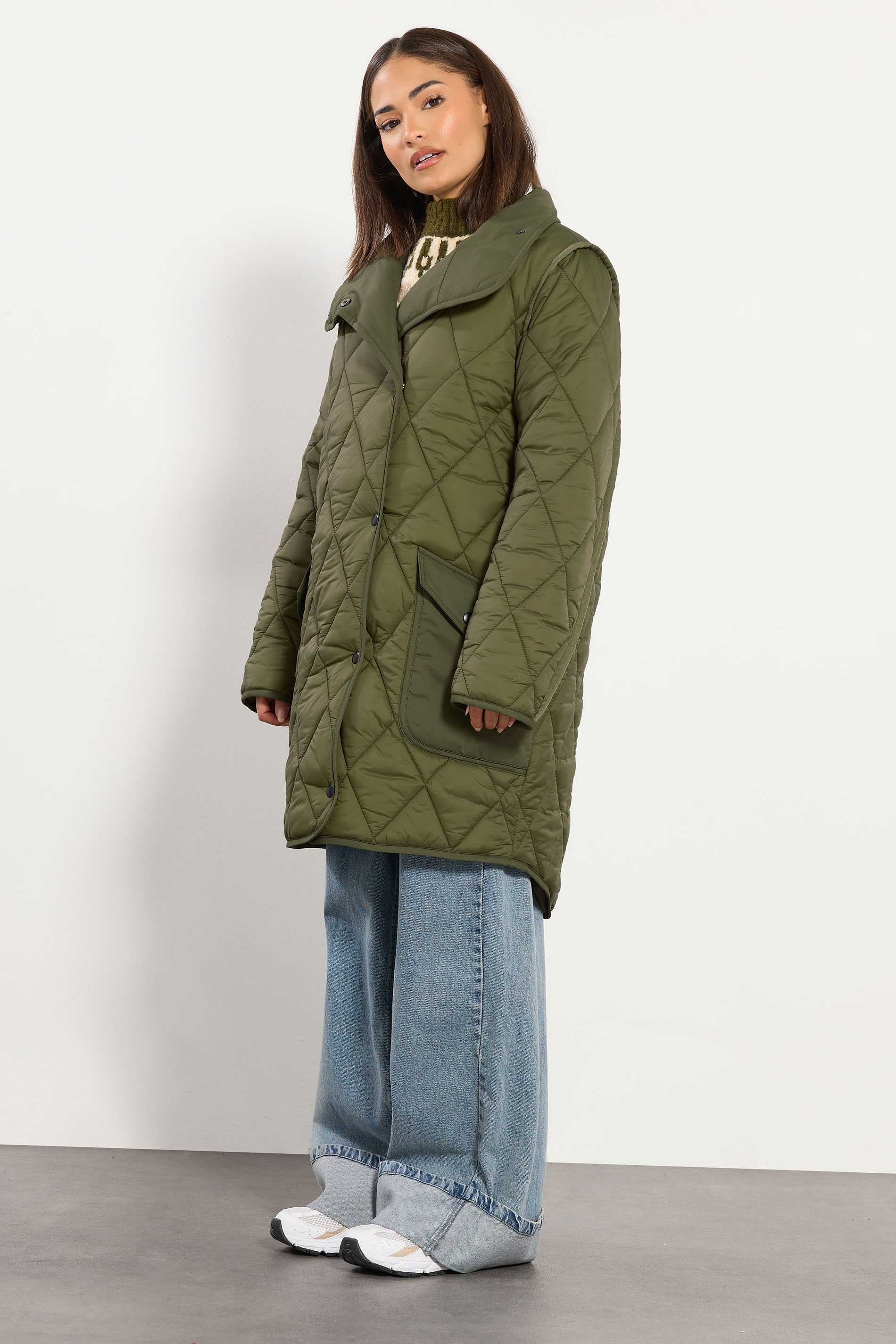 PixieGirl Petite Women's Khaki Green Funnel Neck Quilted Coat | PixieGirl 3