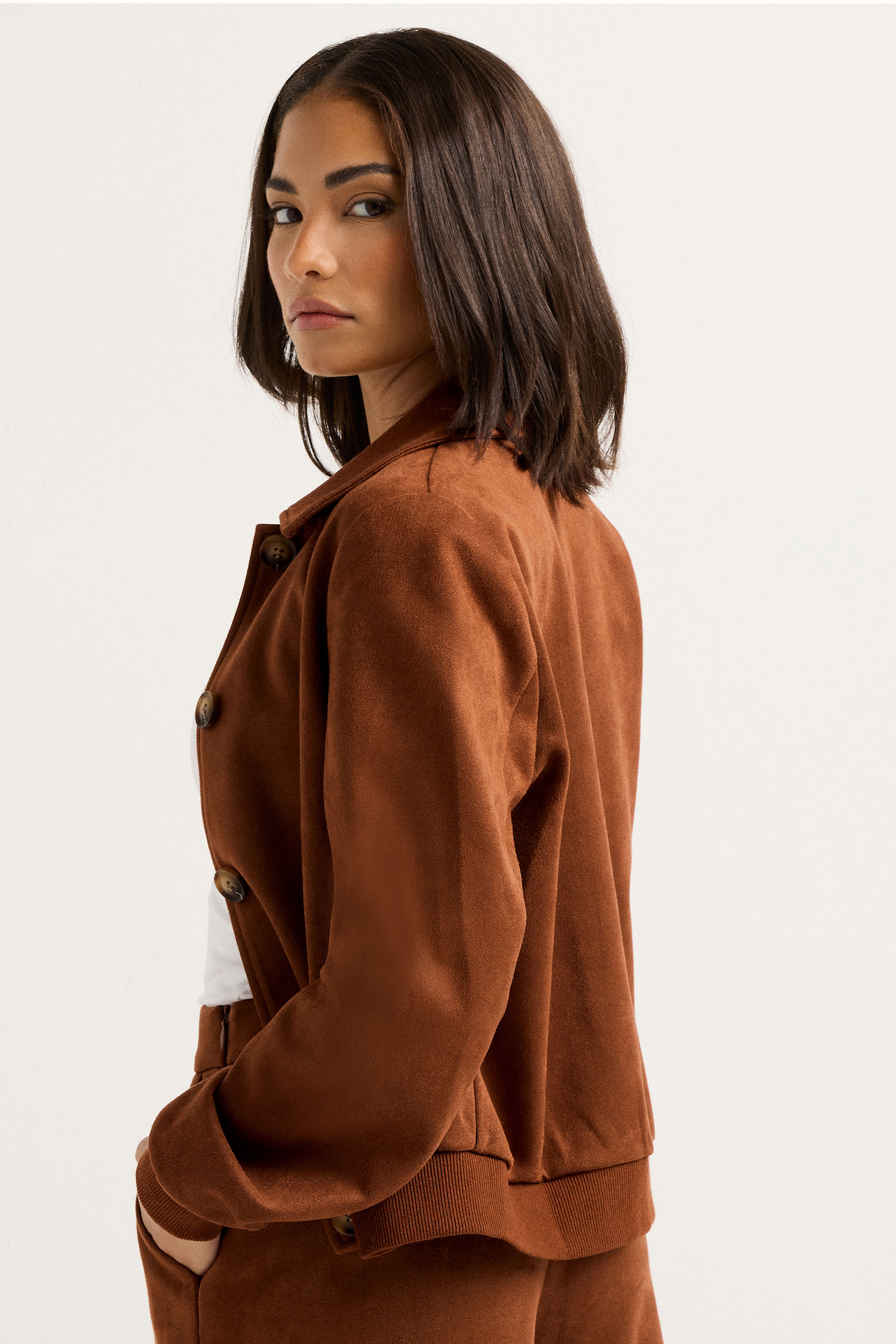 PixieGirl Petite Women's Tan Brown Suedette Collar Bomber Jacket | PixieGirl 5