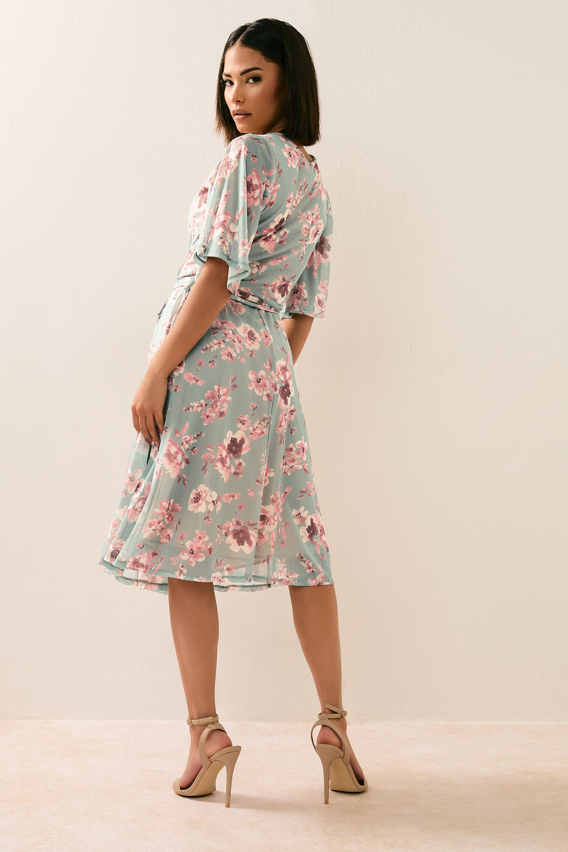 PixieGirl Petite Women's Sage Green Mesh Floral Wrap Midi Dress | PixieGirl 3