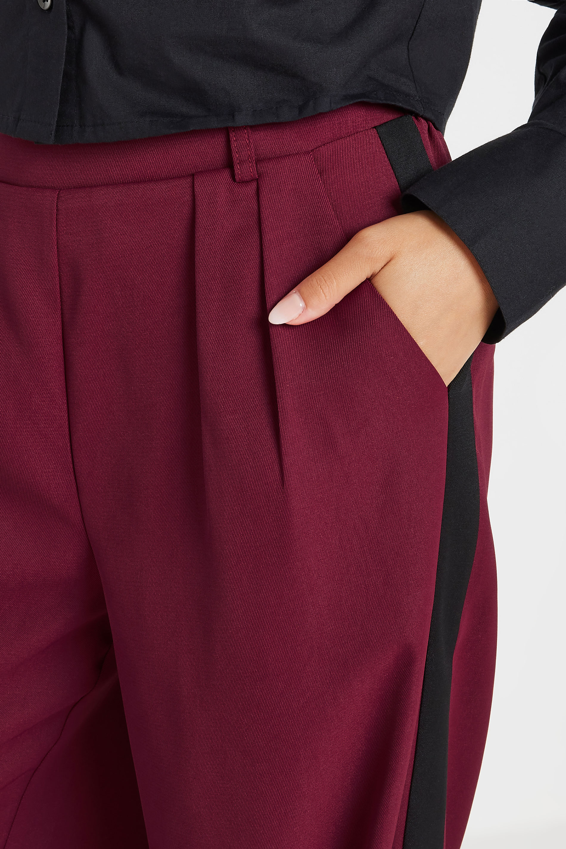 PixieGirl Petite Women's Burgundy Red Side Stripe Contrast Waist Wide Leg Trousers | PixieGirl 6