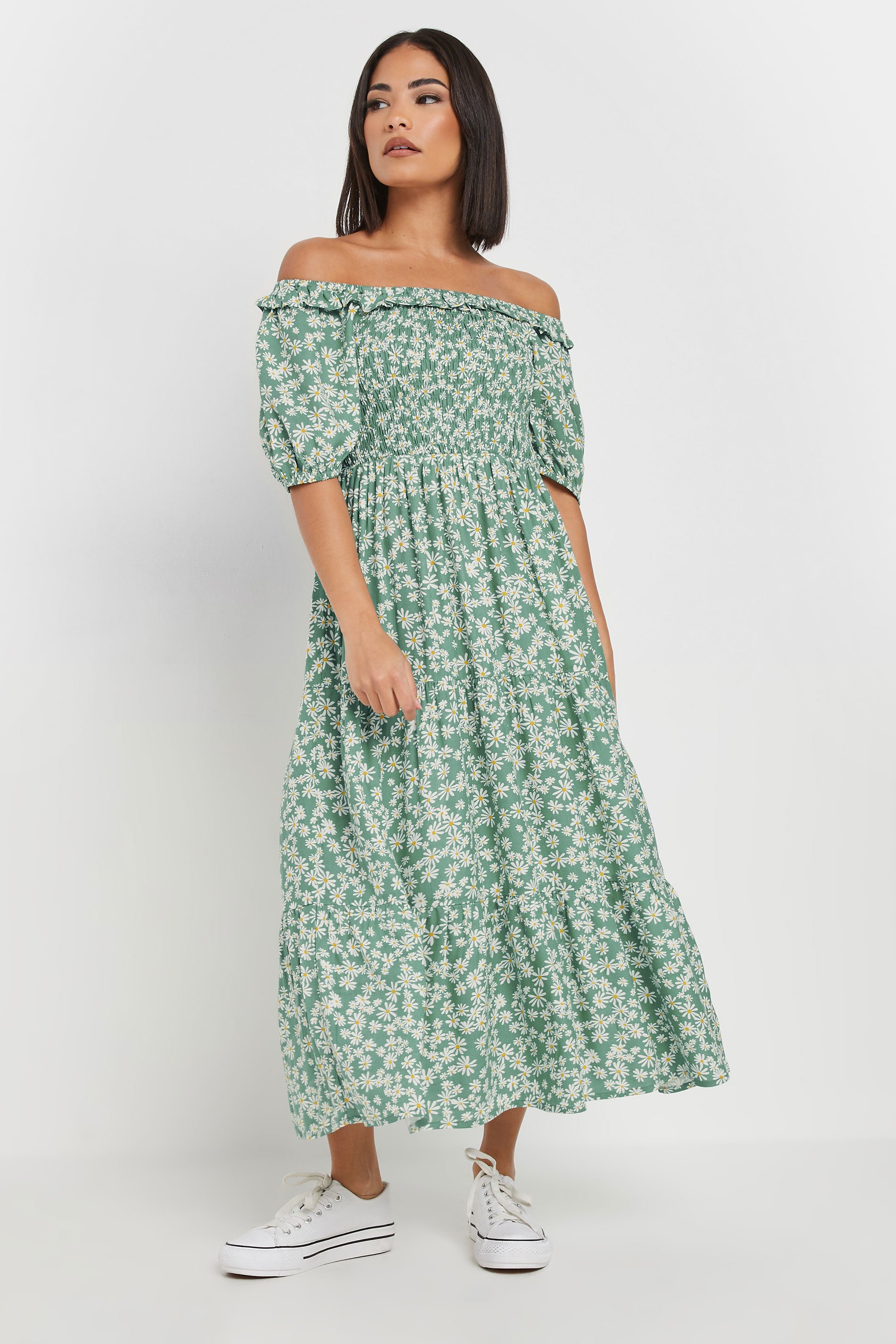 PixieGirl Petite Women's Green Daisy Tiered Bardot Dress | PixieGirl 1