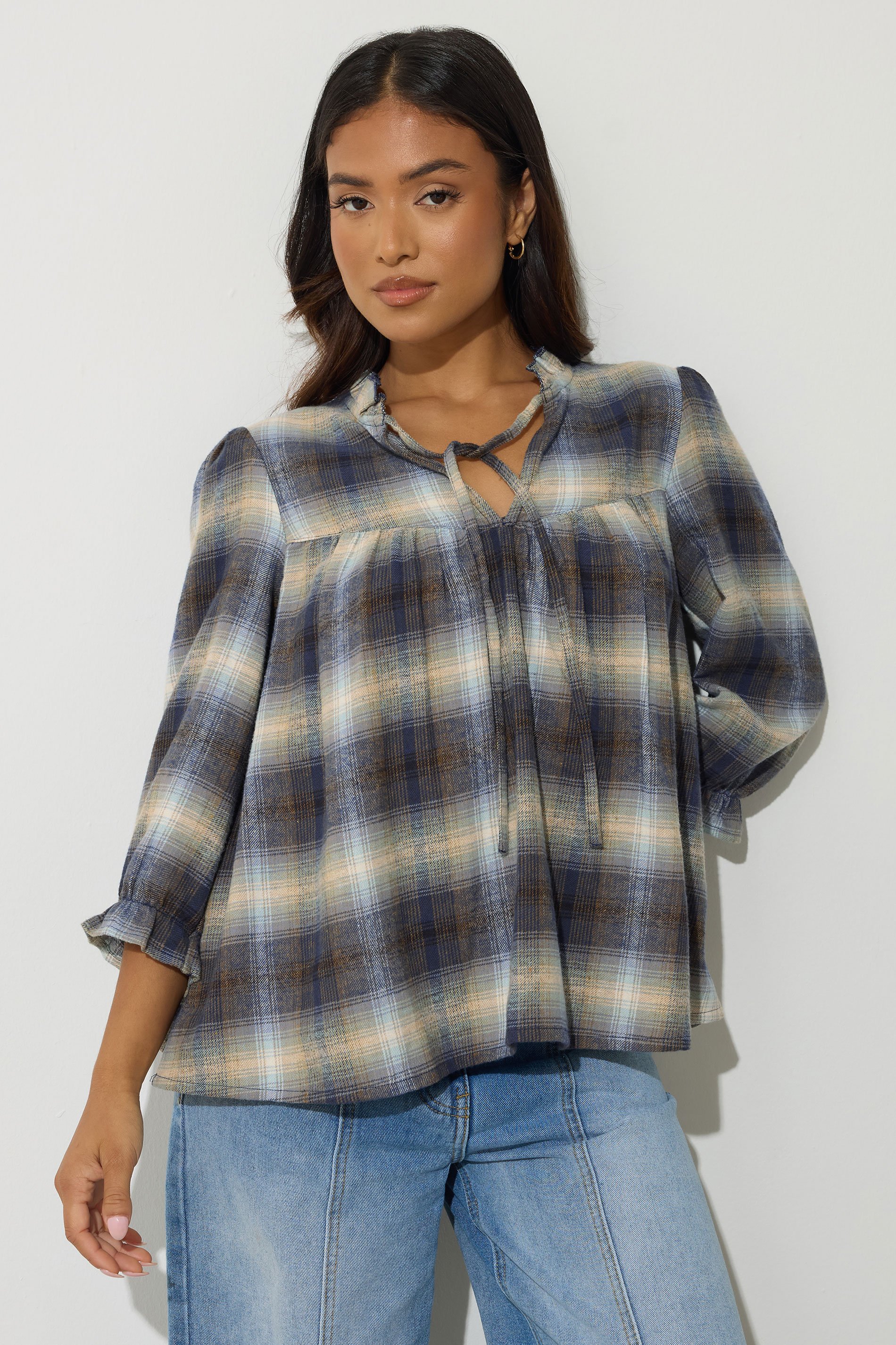 PixieGirl Petite Women's Blue Brushed Check Tie Front Smock Top | PixieGirl 2