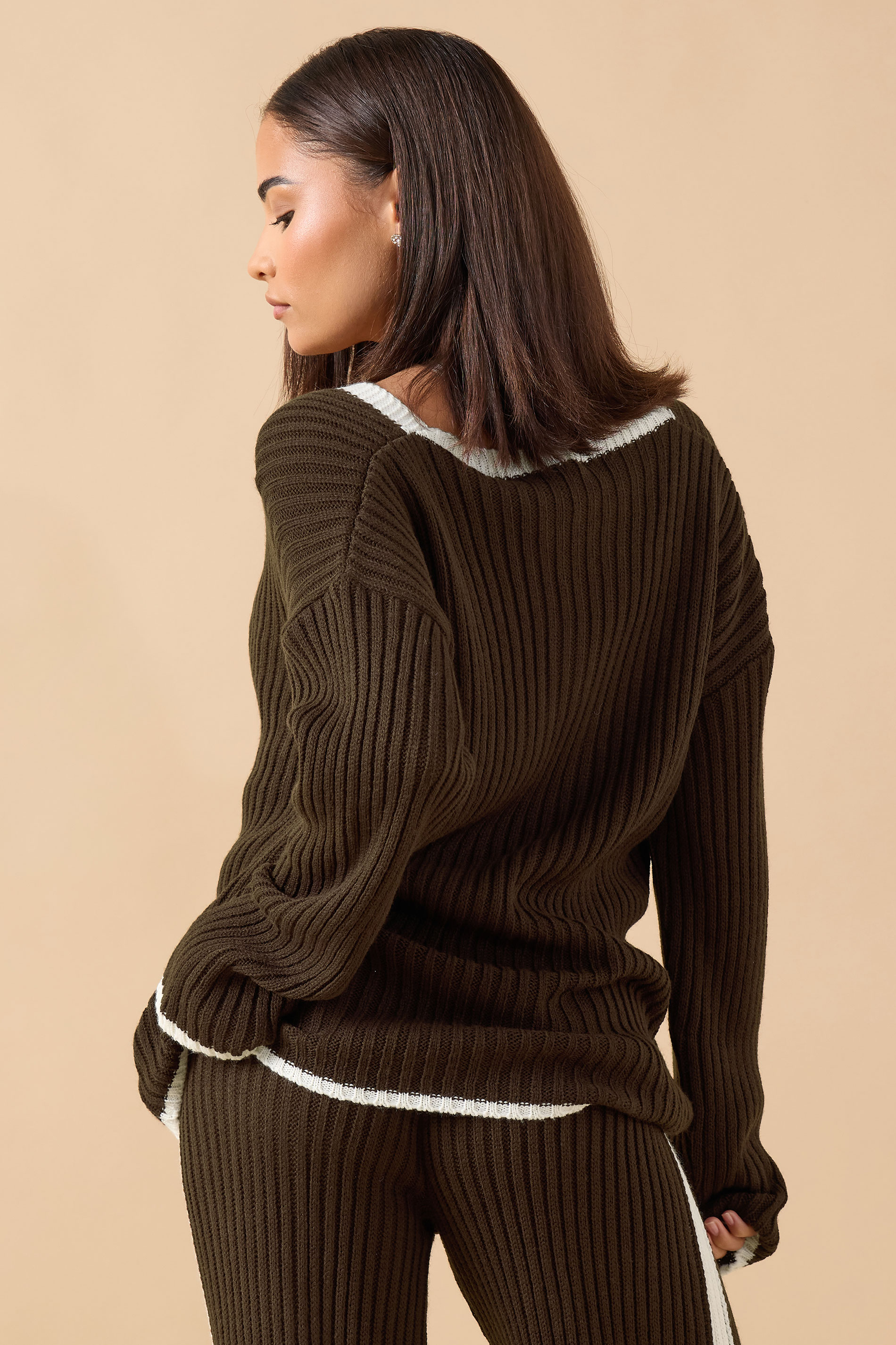 PixieGirl Petite Women's Chocolate Brown Knitted V-Neck Jumper | PixieGirl 3