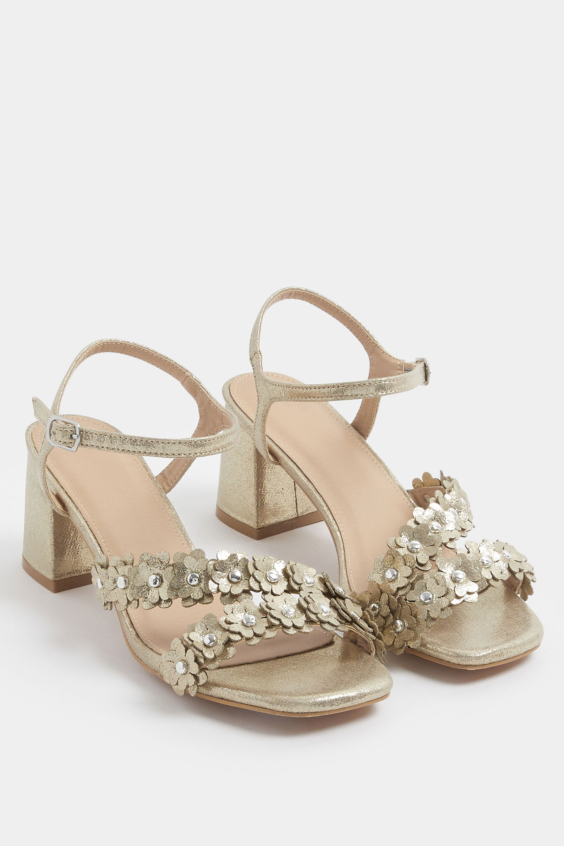 Gold Shimmer Floral Block Heel Sandals In Extra Wide EEE Fit | Yours Clothing 2