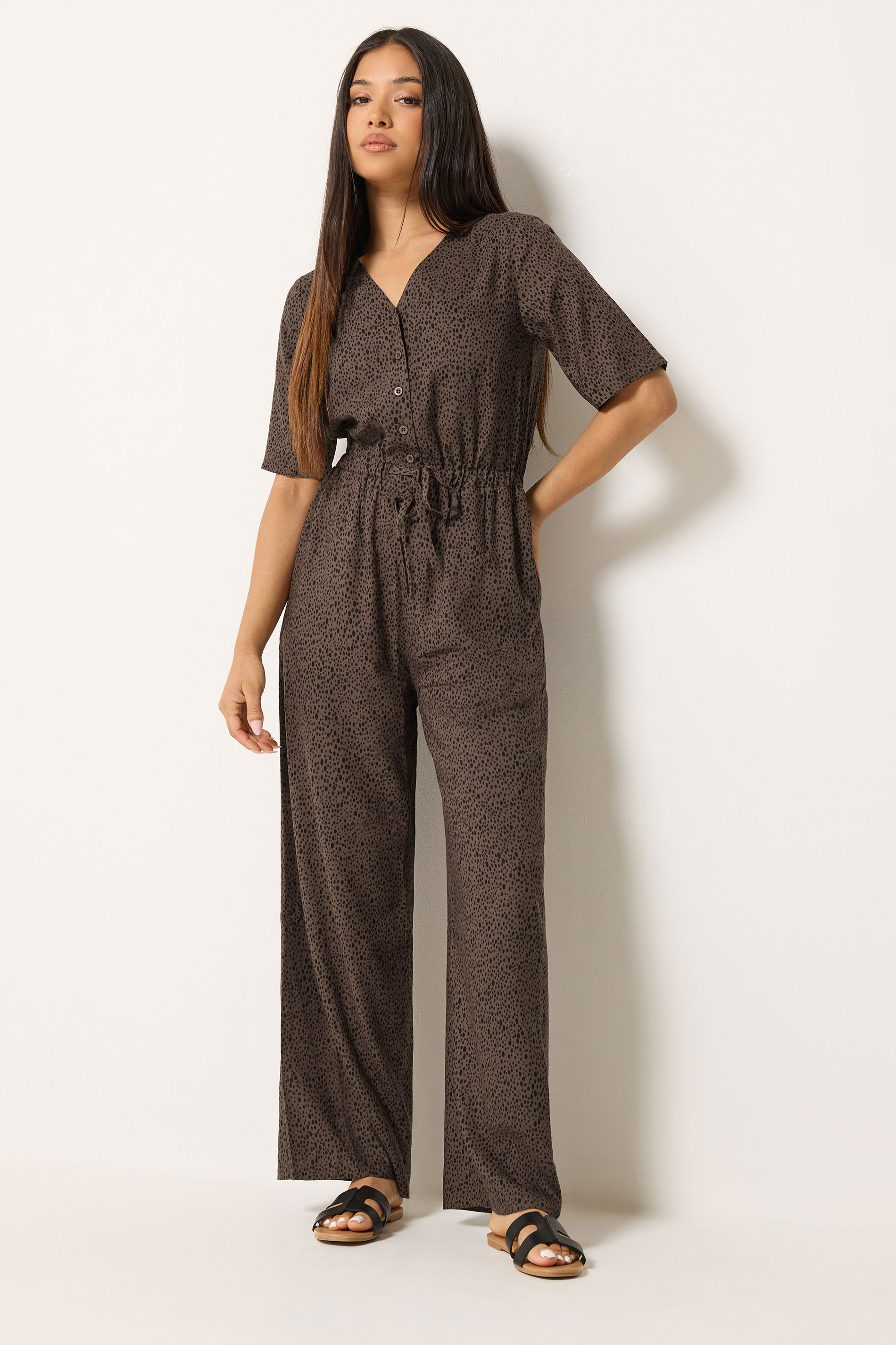 M&Co Petite Brown Spot Print Short Sleeve Jumpsuit | M&Co 1